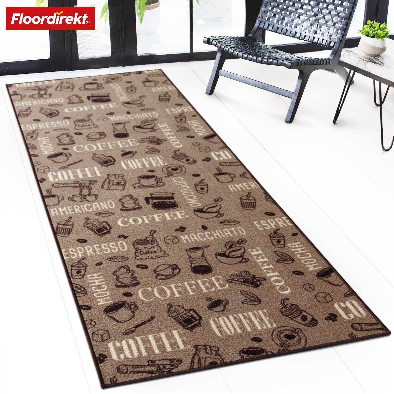 E-shop Floordirekt Teppichläufer “Coffee” – Küchenläufer mit Kaffeemuster, rutschfest, Feinschlinge, Braun & Grau, für Küche & Flur