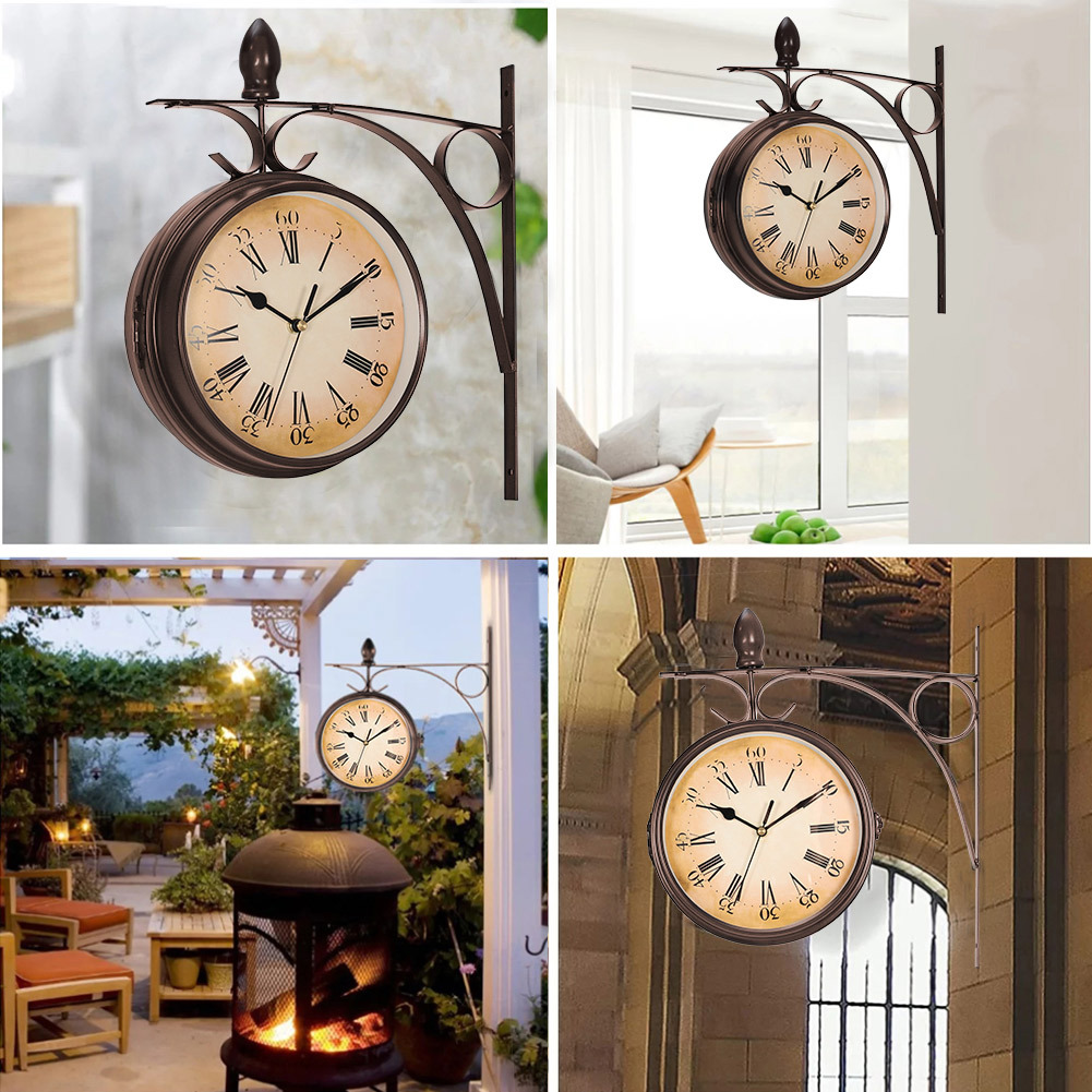 TEMU 1pc Large Outdoor Garden Clock With Wrought Iron Bracket, European Double Sided Wall Clock, Vintage Train Station Clock, Indoor Outdoor Hanging