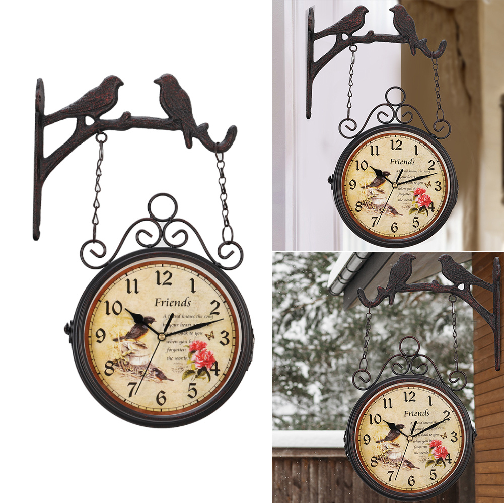 TEMU 1pc European-style Retro Train Station Clock, Vintage Double Sided Iron Art Wall Clock With Outdoor Bracket, Wall Mounted Outdoor Garden Clock,