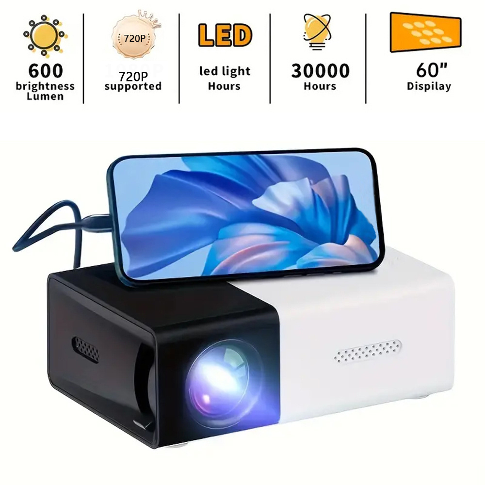 TEMU Mini Projector Portable For Cartoon, Outdoor Video Projectors, Led Pico Movie Projectors For Home Theater, Kids Gift, Smartphone Can Mirror To