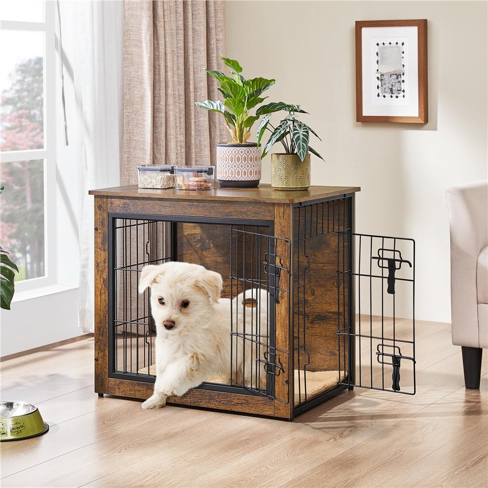 Image of Costoffs Dog Cage Furniture With Dog Blanket & 2 Doors, Side Table For Dogs, Wooden Indoor Dog Crate, Home Dog Kennel For Living Room 【69×51×61 Cm】/【81×56×64 Cm】