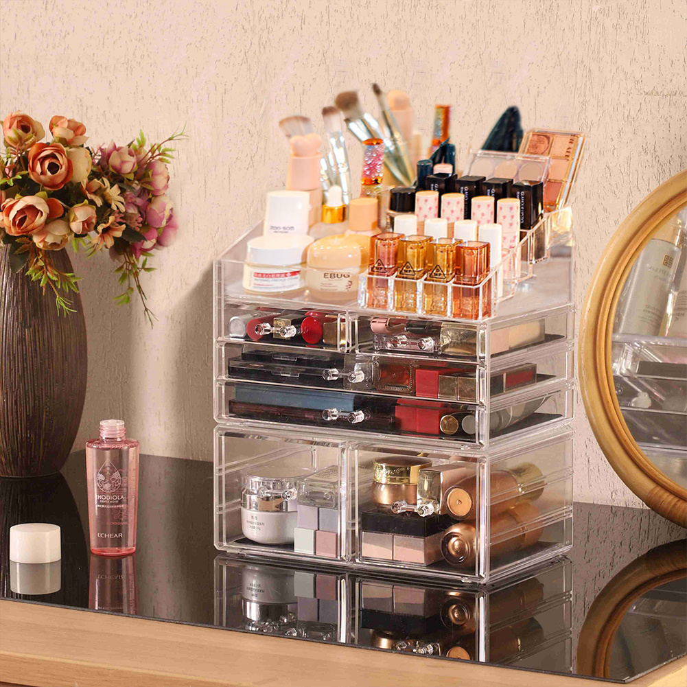 TEMU Plastic Cosmetic Organizer Bedroom Desktop Organizer Skincare Acrylic Combination Drawer Box Transparent Solid Durable Skincare Combination