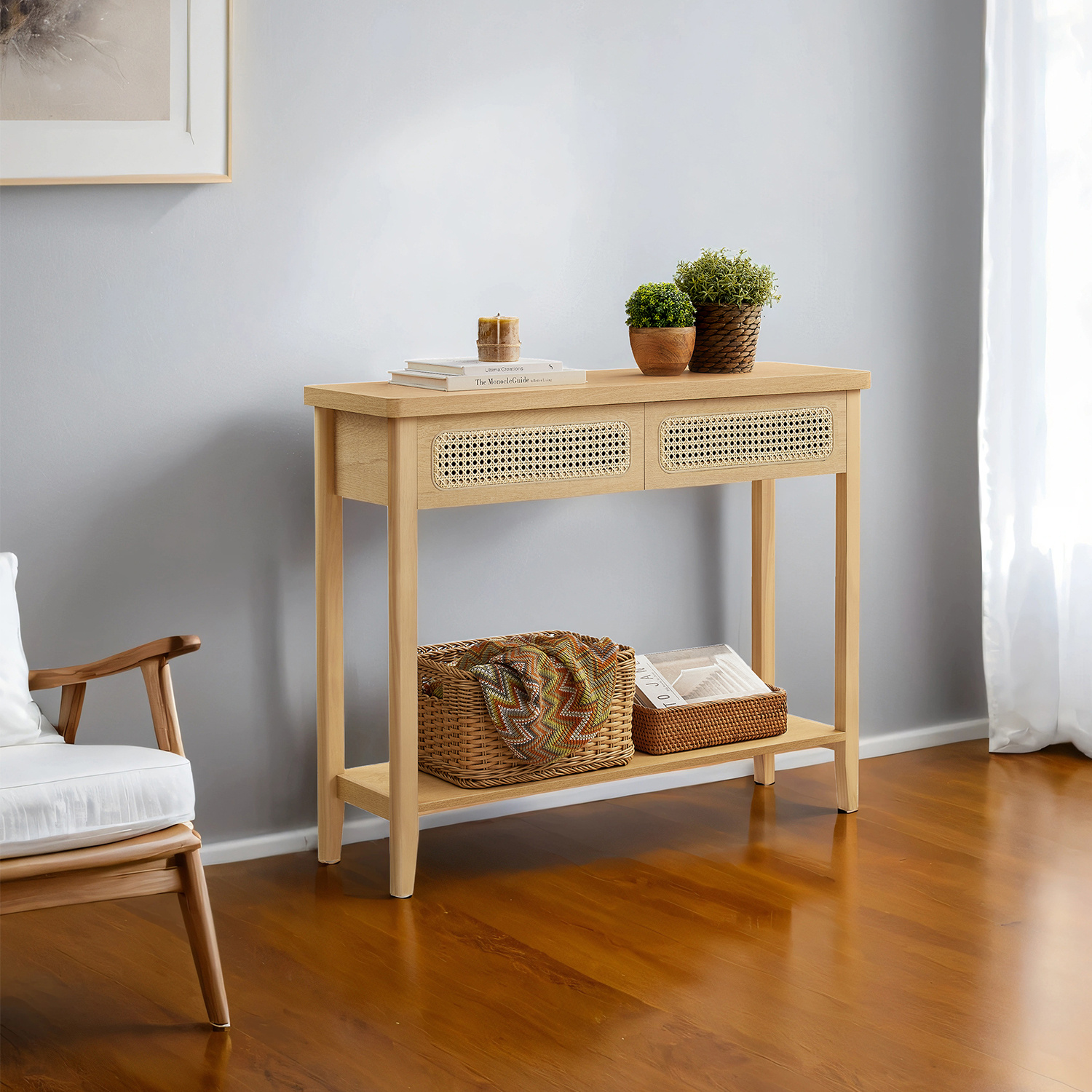 Console Table, Hall Table, Hallway Furniture, Narrow Sofa Table For Living Room, With 2 Drawers, Rounded Corners, Boho Style