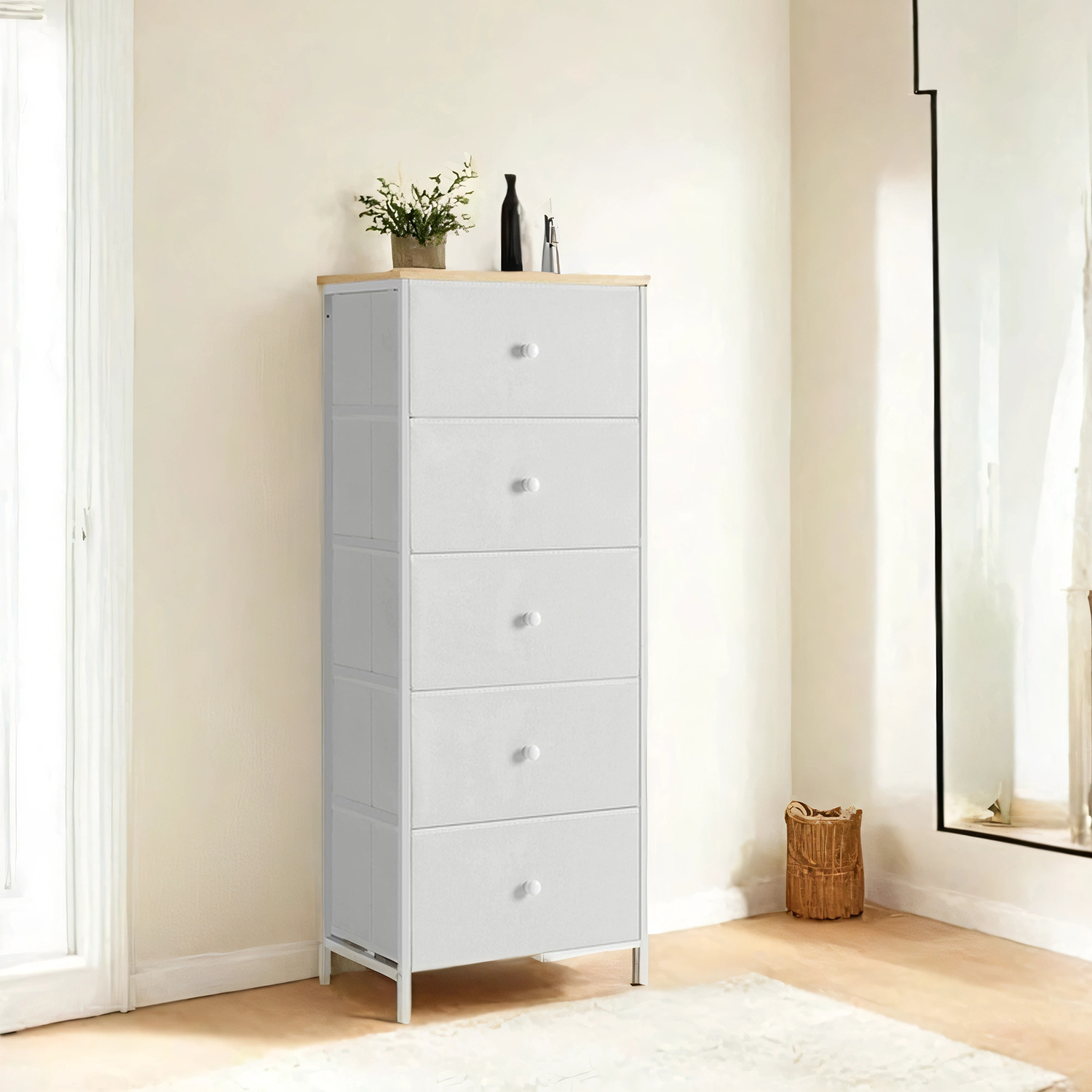 TEMU High And Narrow Dresser With 5 Fabric Drawers, Metal Frame, Storage Cabinet