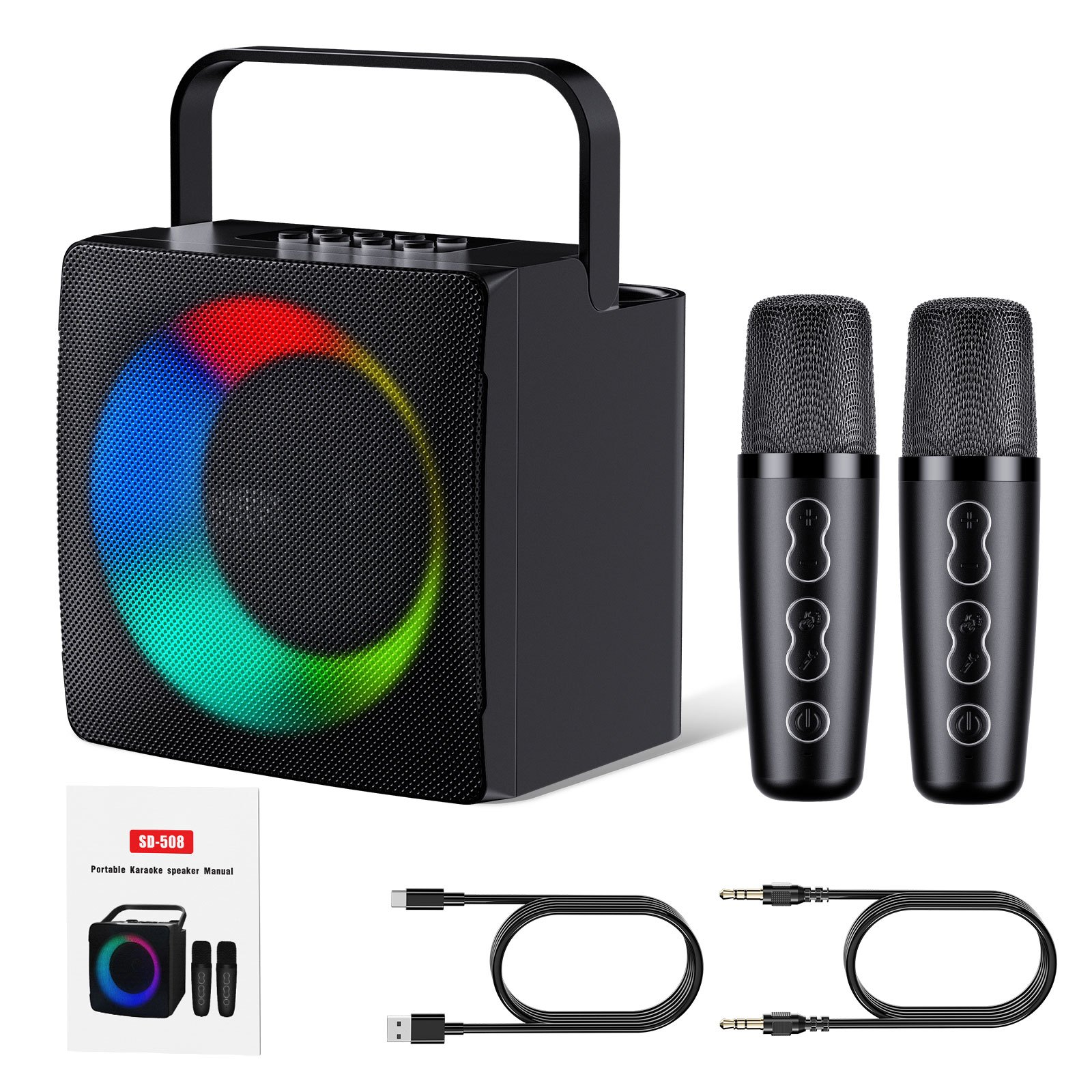 her şey bir   karaoke sistemi - çift mikrofon girişli, 3 i̇nç subwoofer ve ses dönüştürücü efekti, yetişkinler/çocuklar i̇çin uygun taşınabilir hoparlör (kolcuğu dahil)
