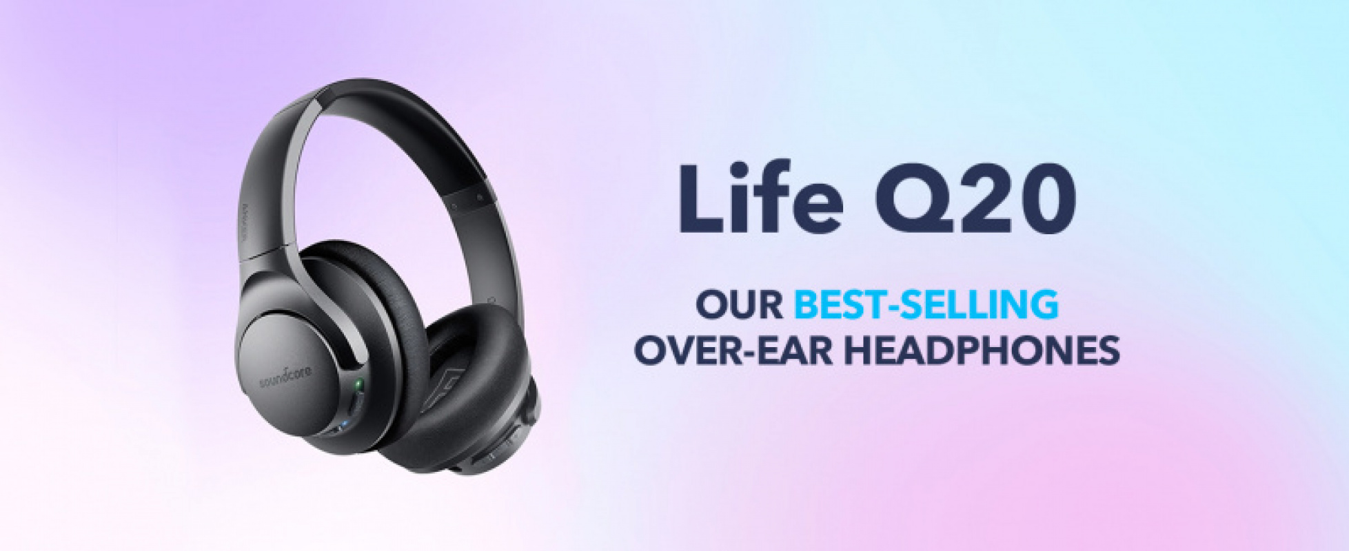 Écouteurs hybrides à réduction active de bruit Soundcore Anker Life Q20, écouteurs Bluetooth sans fil sur l'oreille, autonomie de 60 heures, audio haute résolution, basses profondes, coussinets en mousse à mémoire de forme, voyage, bureau, chargement USB-C