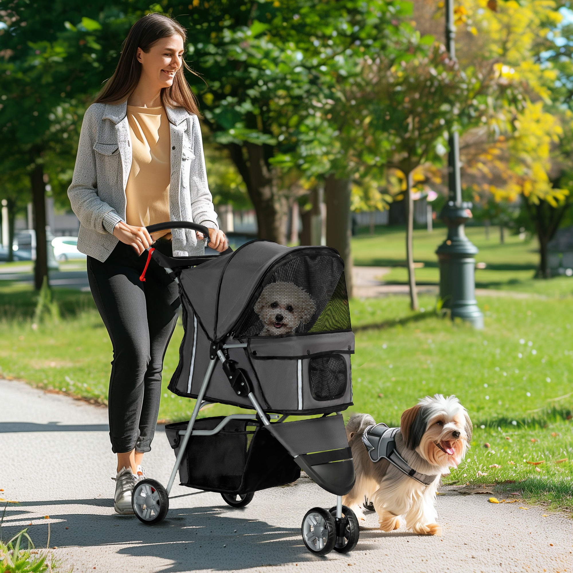 Dog Stroller Foldable For Up To 10 Kg Cat Buggy With Cushion Mesh Windows Cup Holder Storage Bag Cat Cart Buggy Dark Grey