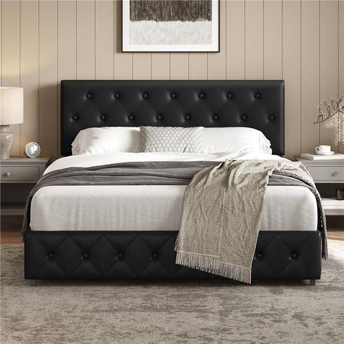 upholstered double bed with 2 drawers storage bed with headboard with adjustable tension rivets height adjustable wooden slatted supports