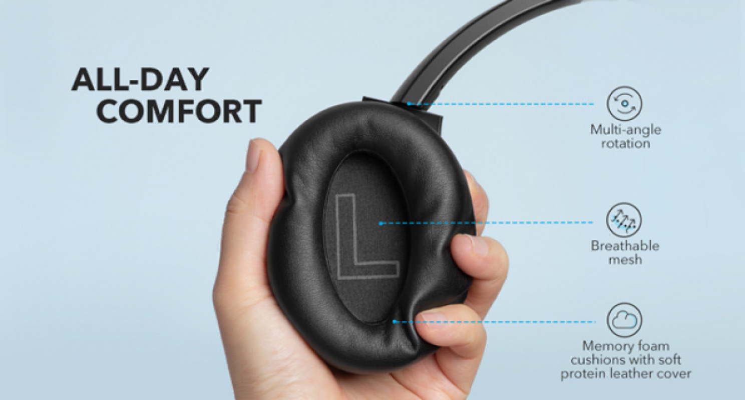 Écouteurs hybrides à réduction active de bruit Soundcore Anker Life Q20, écouteurs Bluetooth sans fil sur l'oreille, autonomie de 60 heures, audio haute résolution, basses profondes, coussinets en mousse à mémoire de forme, voyage, bureau, chargement USB-C