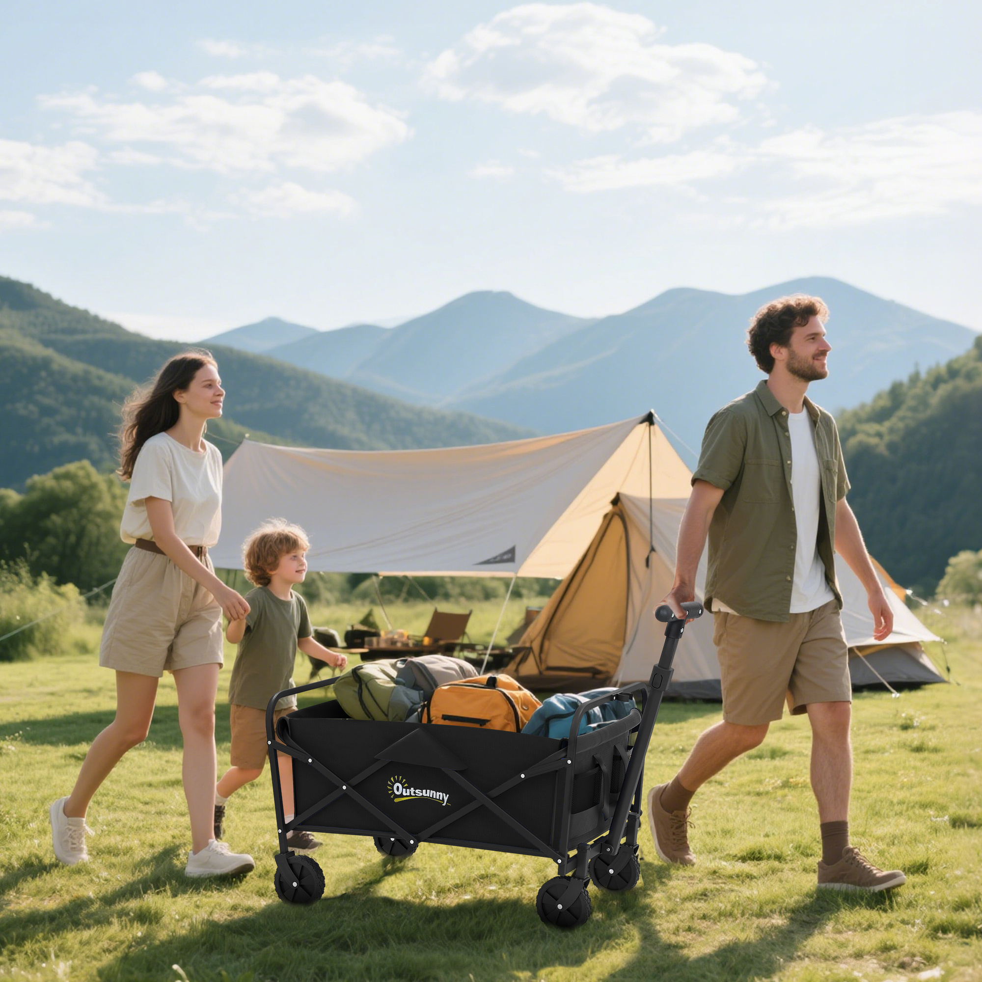 TEMU Outsunny Foldable Hand Cart With Wheels, Adjustable Telescopic Handle, Foldable Garden Cart With 2 Storage Bags, 100 Kg Load Capacity, Transport