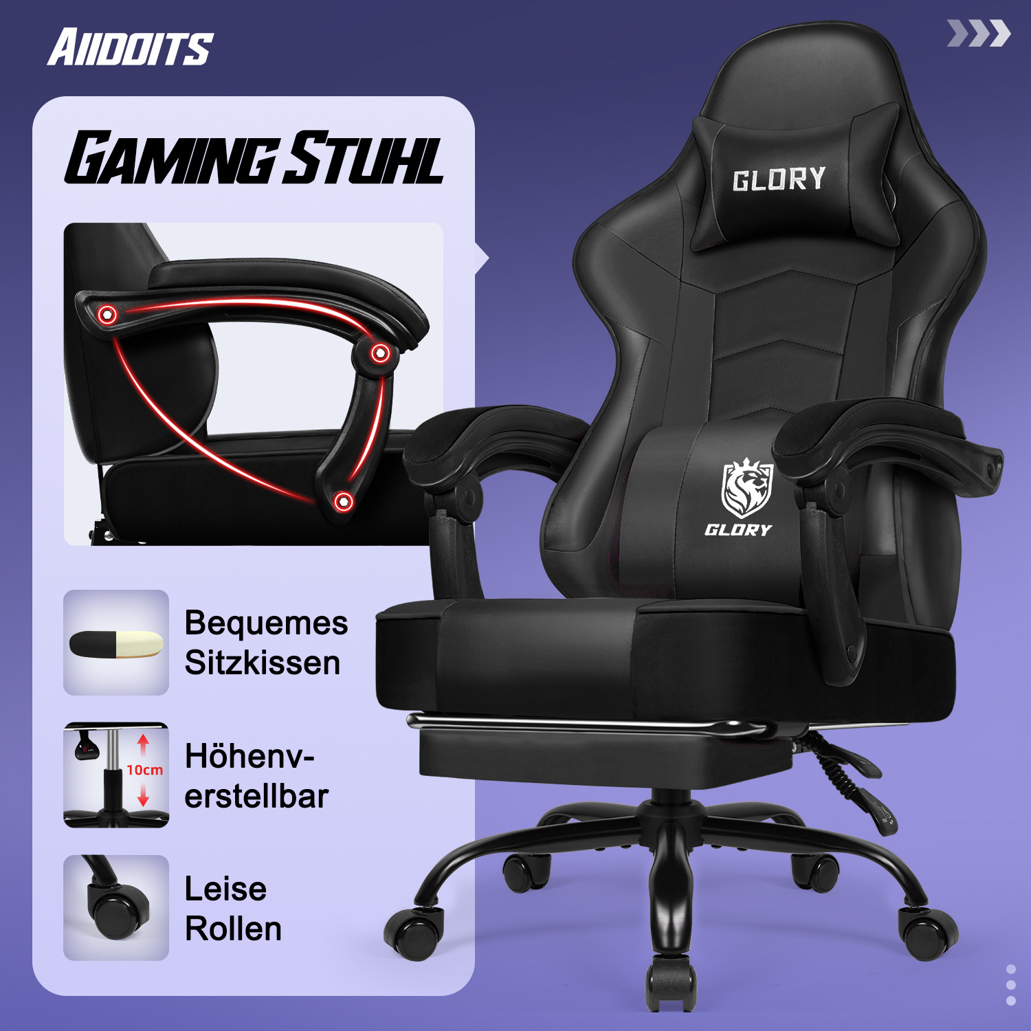 Gaming Chair With Footrest, Load Capacity 150 Kg, Suitable For Gaming And Office Use, Height Adjustable, Reclining Backrest