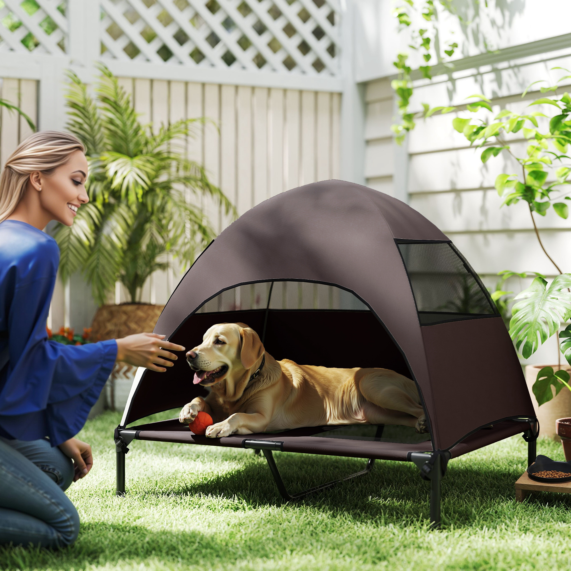 Image of Outdoor With Roof, Elevated Dog Bed For Large Dogs, Cooling Pet Lounge With Washable Mesh Metal Frame Carry Bag, Pet Bed For Outdoor Camping 91x76x90cm, Coffee