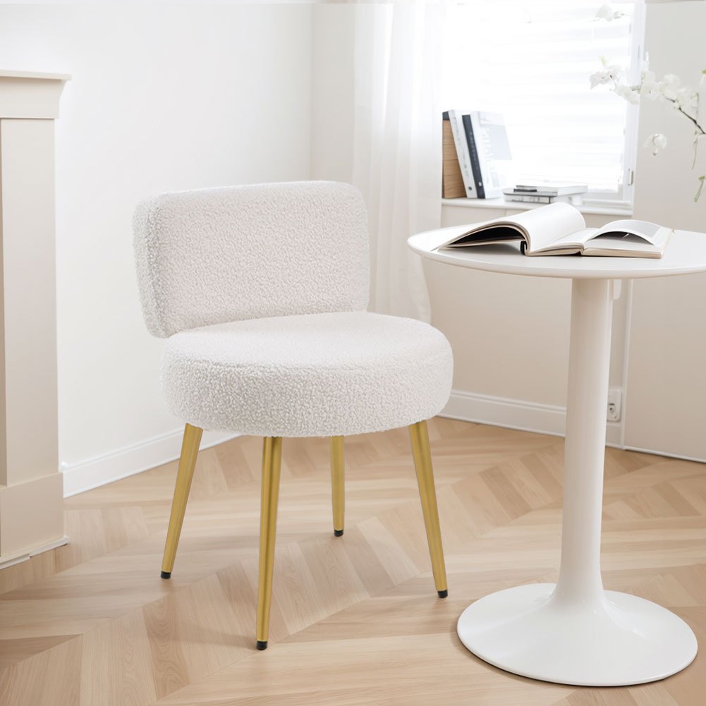 TEMU Modern Teddy Plush Fabric Fluffy Makeup Chair Kitchen Small Dining Breakfast Seat Bedroom Dressing Stool Bedroom Rest Chair Beige Metal Legs