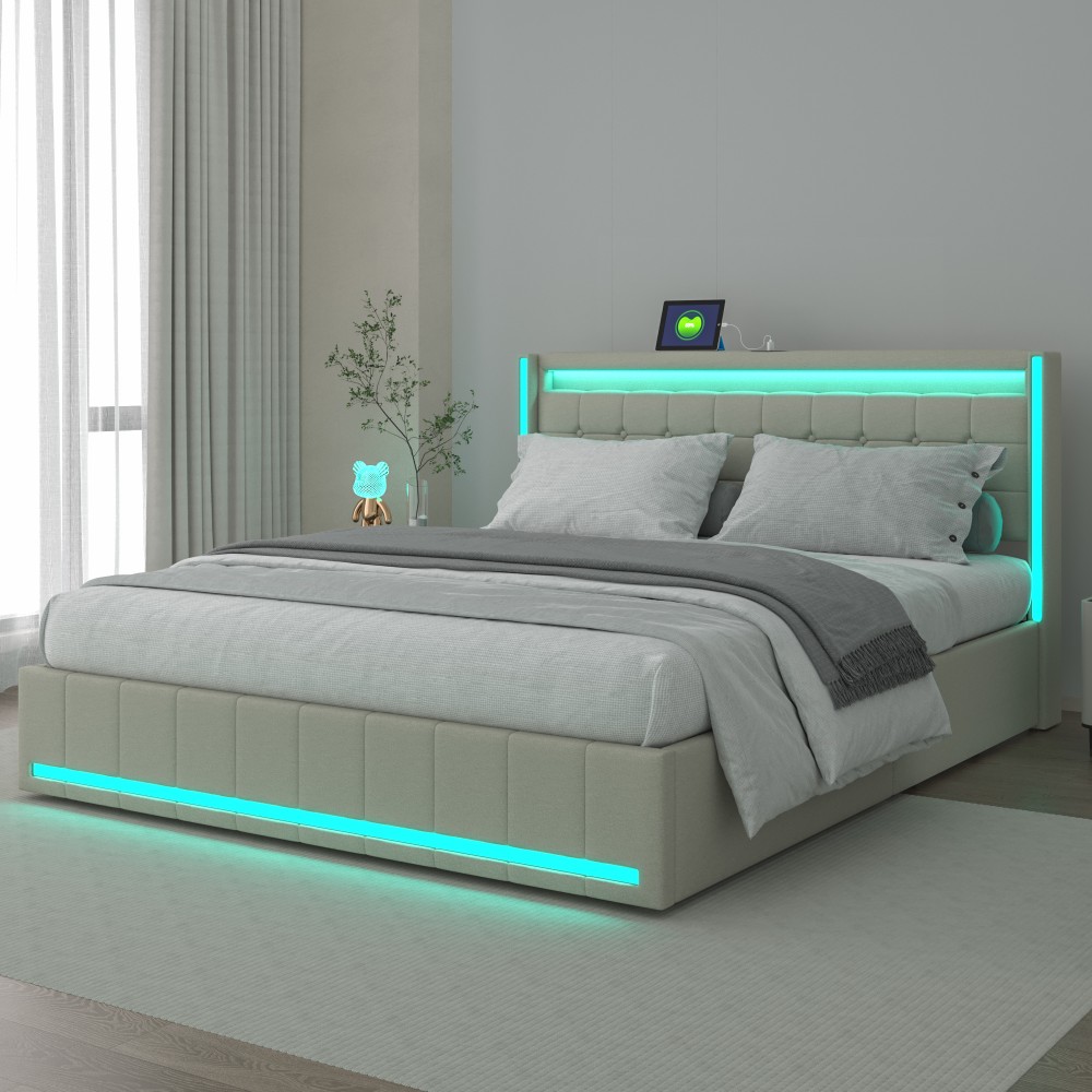 In-stock Shipping Panel Furniture Upholstered Bed 140 X 200 Cm With 4 Drawers And Led Lights, Linen Upholstered Platform Bed With Charging Station, Spring Bed Needed, Noise-free, Beige