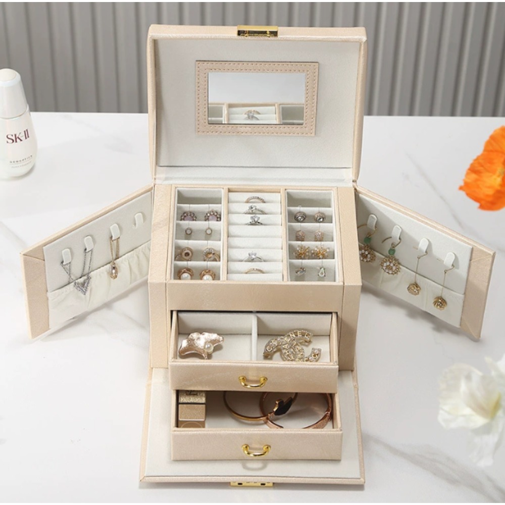TEMU Jewelry Storage Organizer, 3 - Layer 17.5x13.5x12cm Nude Pink Travel Jewelry Box With Lock, Mirror & 2 Drawers, Anti - Design For Necklaces,