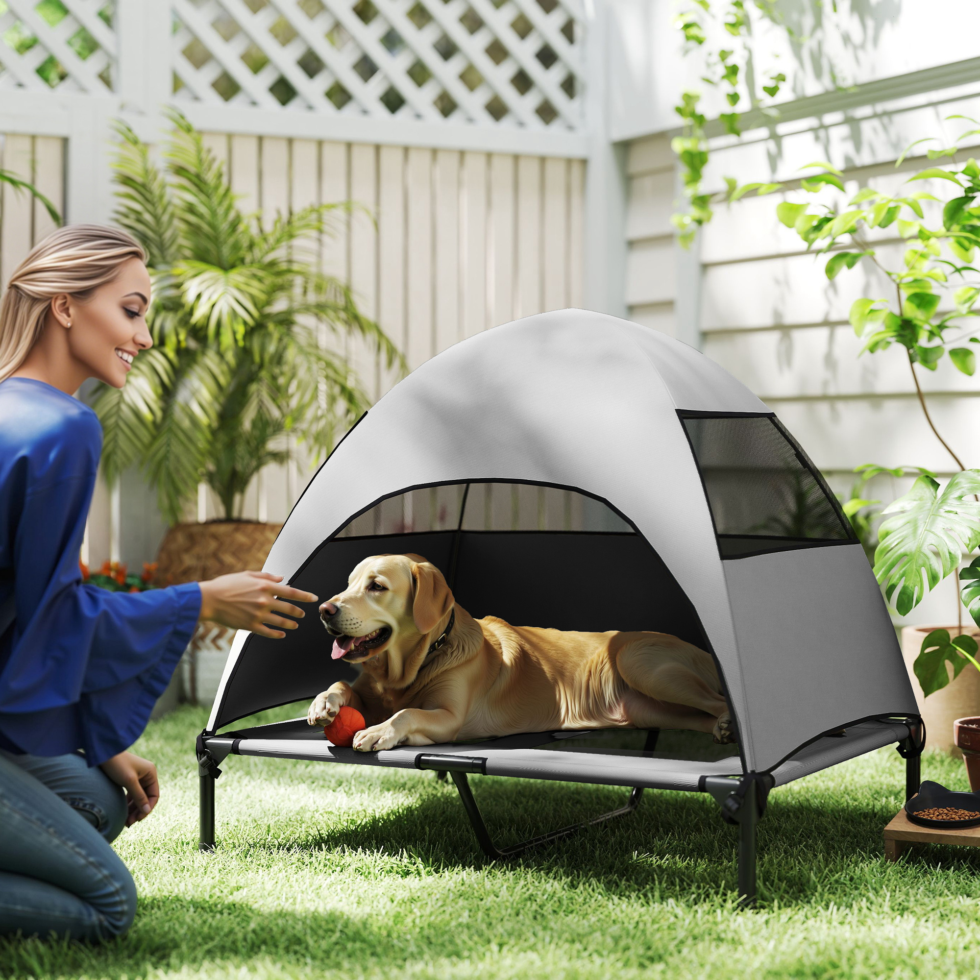 Image of Hundeliege Outdoor With Roof, Elevated Dog Bed For Large Dogs, Cooling Pet Lounge With Washable Mesh Metal Frame Carry Bag, Pet Bed For Outdoor Camping 91x76x90cm, Light Grey
