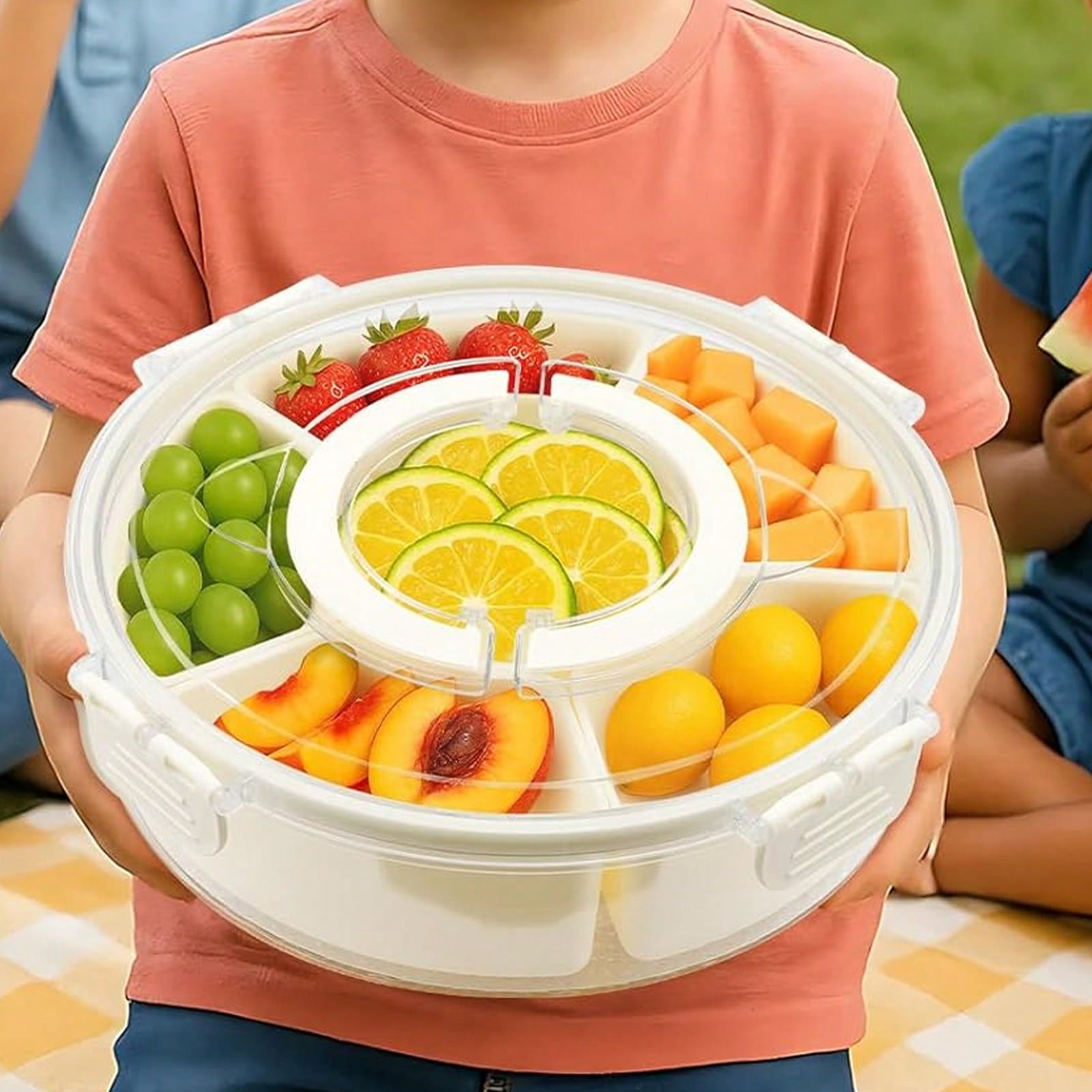 TEMU Divided Rotating Serving Tray With Lid And Handle, Portable Food Container With 6 Compartments - Perfect For Meals, Snacks & Travel - Easy-to-