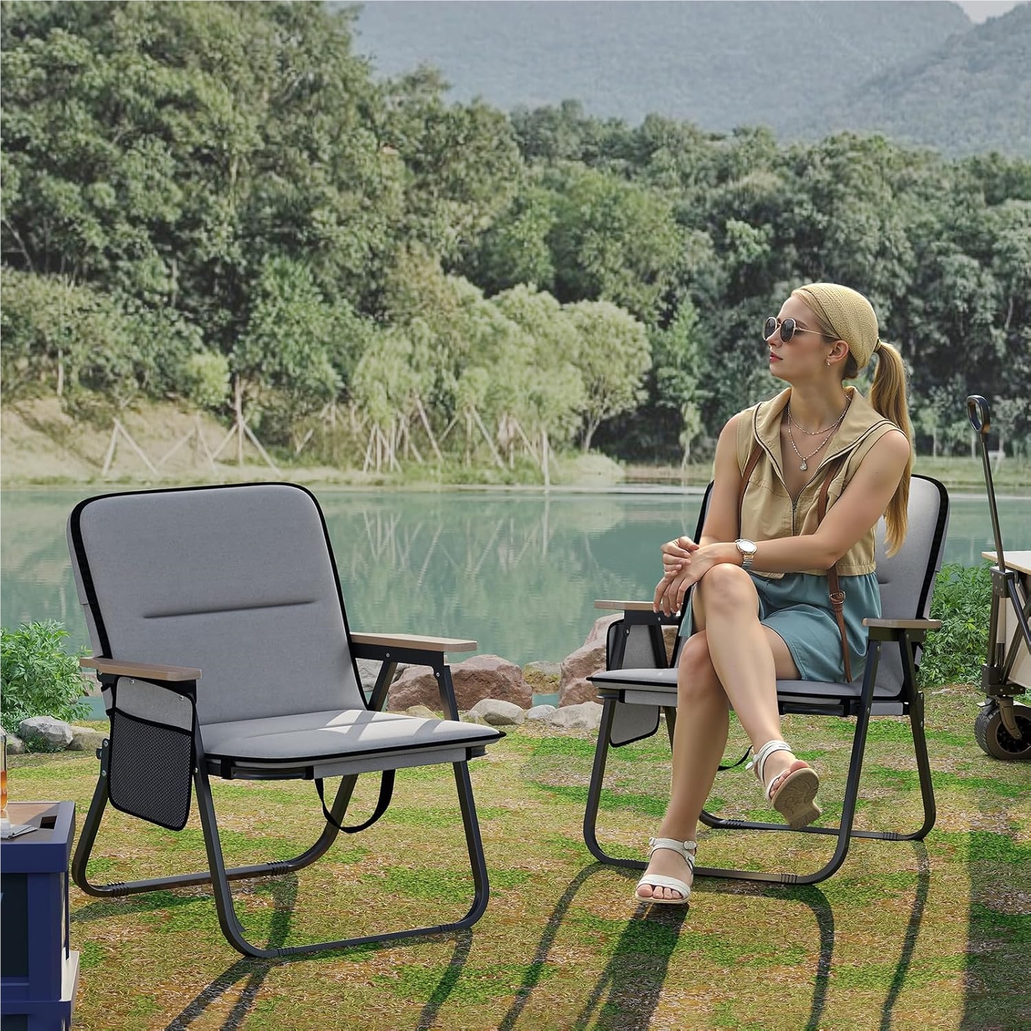 Image of Foldable Camping Chair, 2pcs Set, Folding Chair With Removable Cushion, Side Pocket And Armrests, 150 Kg Load Capacity, Collapsible Beach Chair, Folding Chair For Outdoor, Garden, Camping, Grey