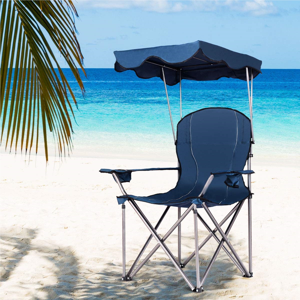 Image of Camping Chair With Canopy, Fishing Chair With Cup Holder, Folding Chair With Carry Bag, 120 Kg Weight Capacity, Ideal For Terrace, Beach, And Camping