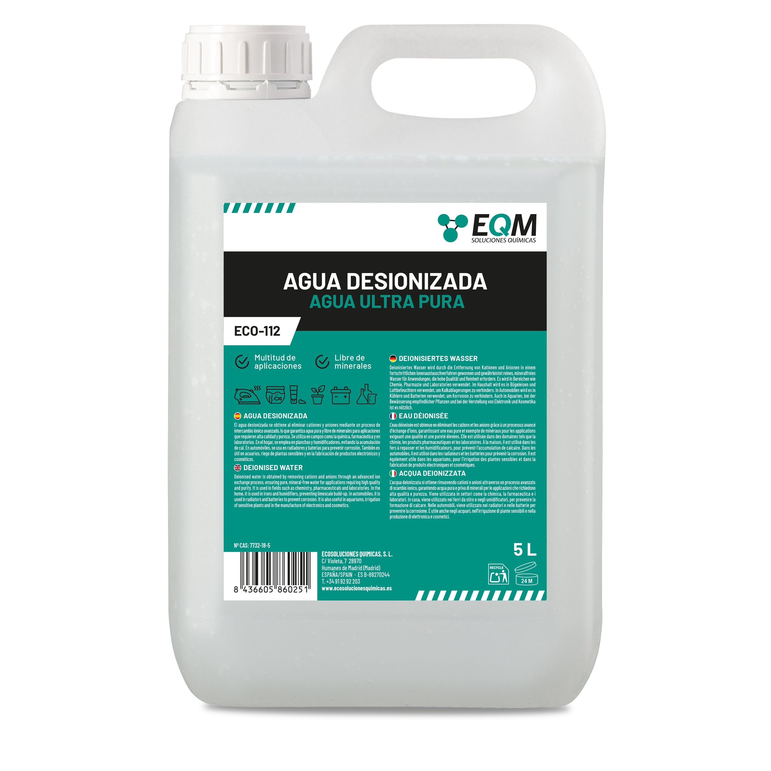 TEMU EQM - ECO-112 - Agua Desionizada - 5L - Agua Desmineralizada - la formación - Muy conductividad - Multitud de utilidades