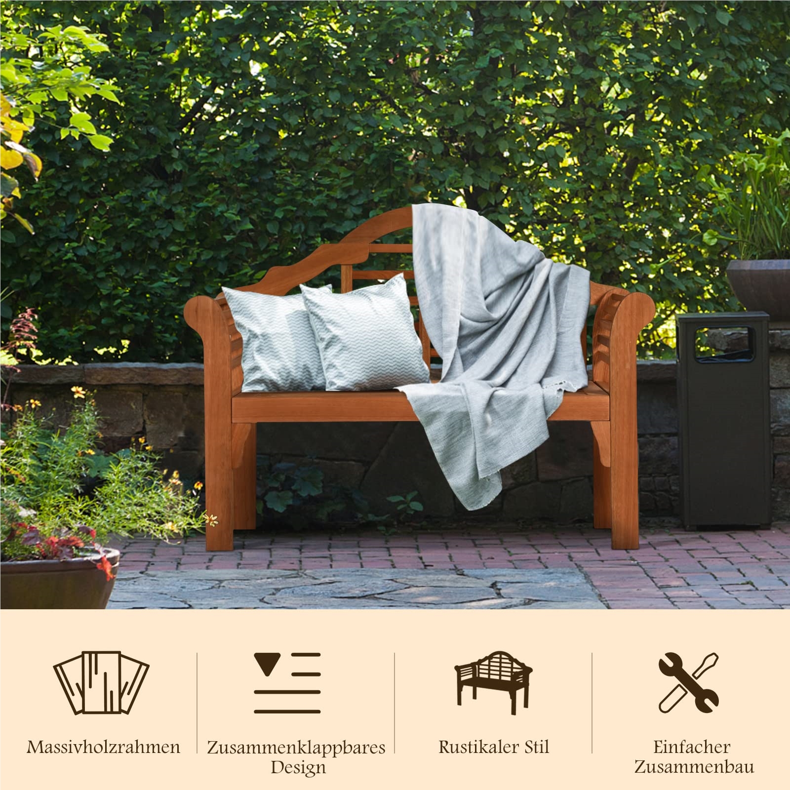 Image of Folding Garden Bench, Weather-resistant Acacia Wood Bench, 2-seater , Bench Loadable Up To 360kg, Park Bench For Garden, Balcony, Terrace