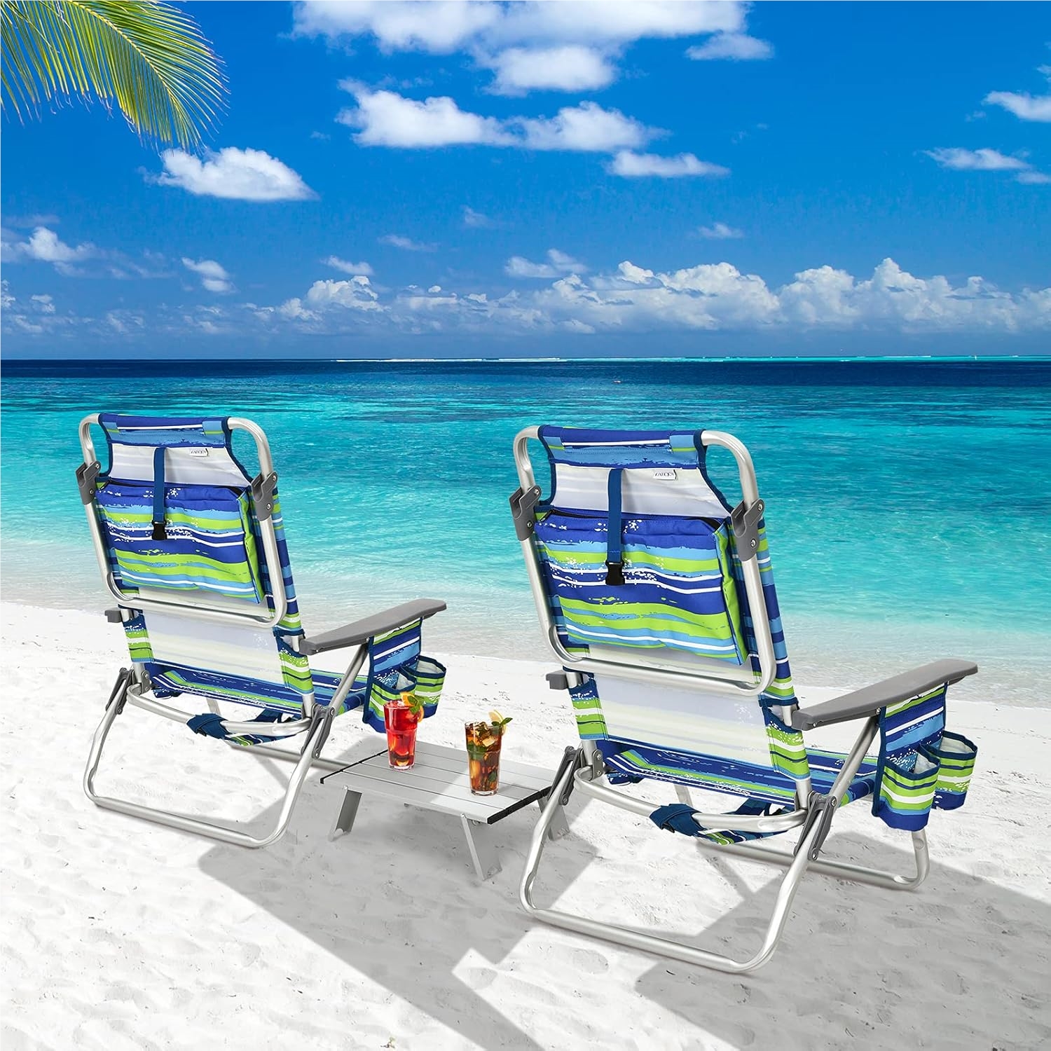 Beach Chairs And Table Set, Foldable Camping Chairs With Adjustable Backrest, Headrest, Side Pockets, Ice Pack, Armrests & Shoulder Straps, Lightweight Folding Chairs (blue + Green)