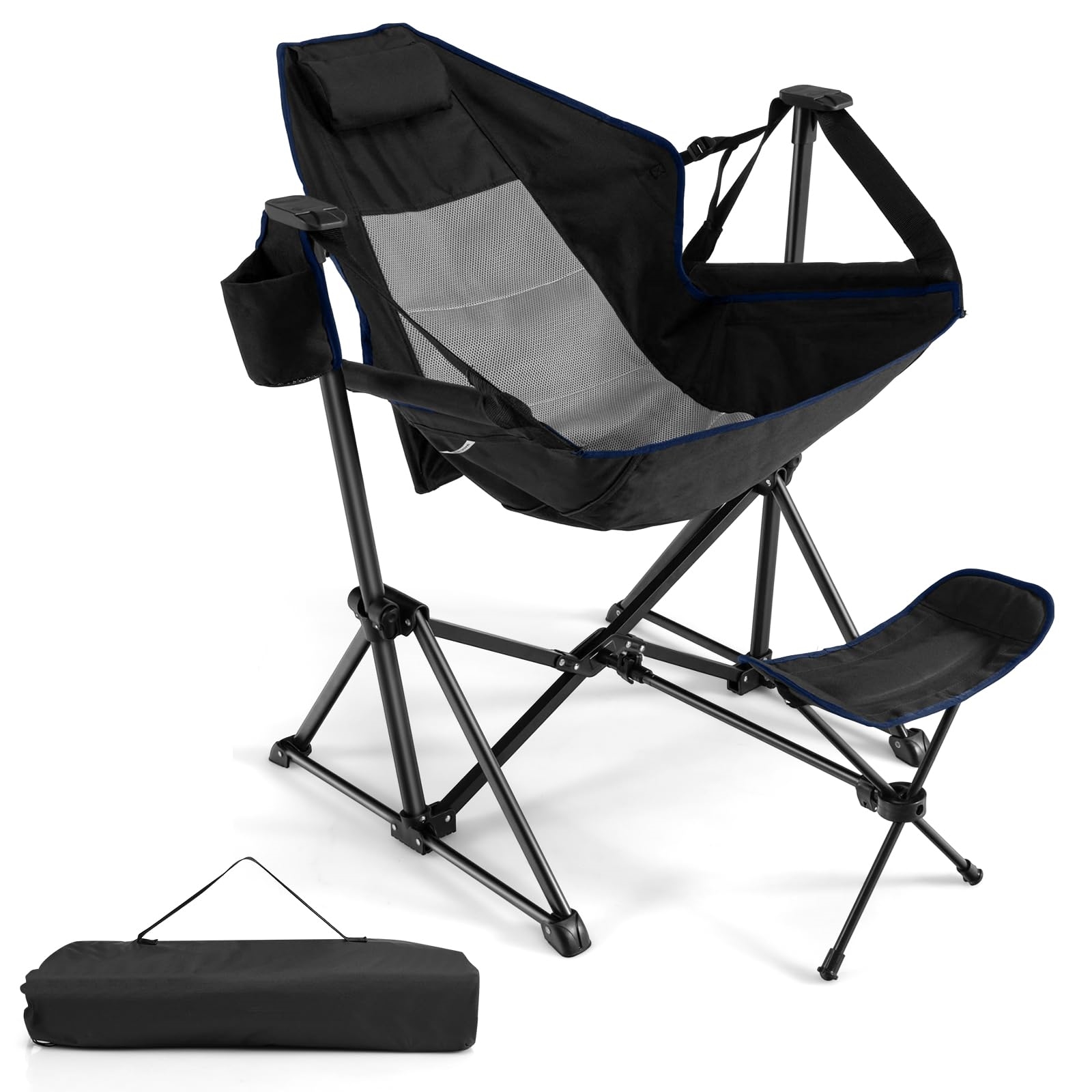 Image of Camping Chair With Footrest, Adjustable Backrest, Headrest & Cup Holder, Foldable Fishing Chair, Folding Chair, Collapsible Chair, Load Capacity 150 Kg, Including Carrying Bag (black)