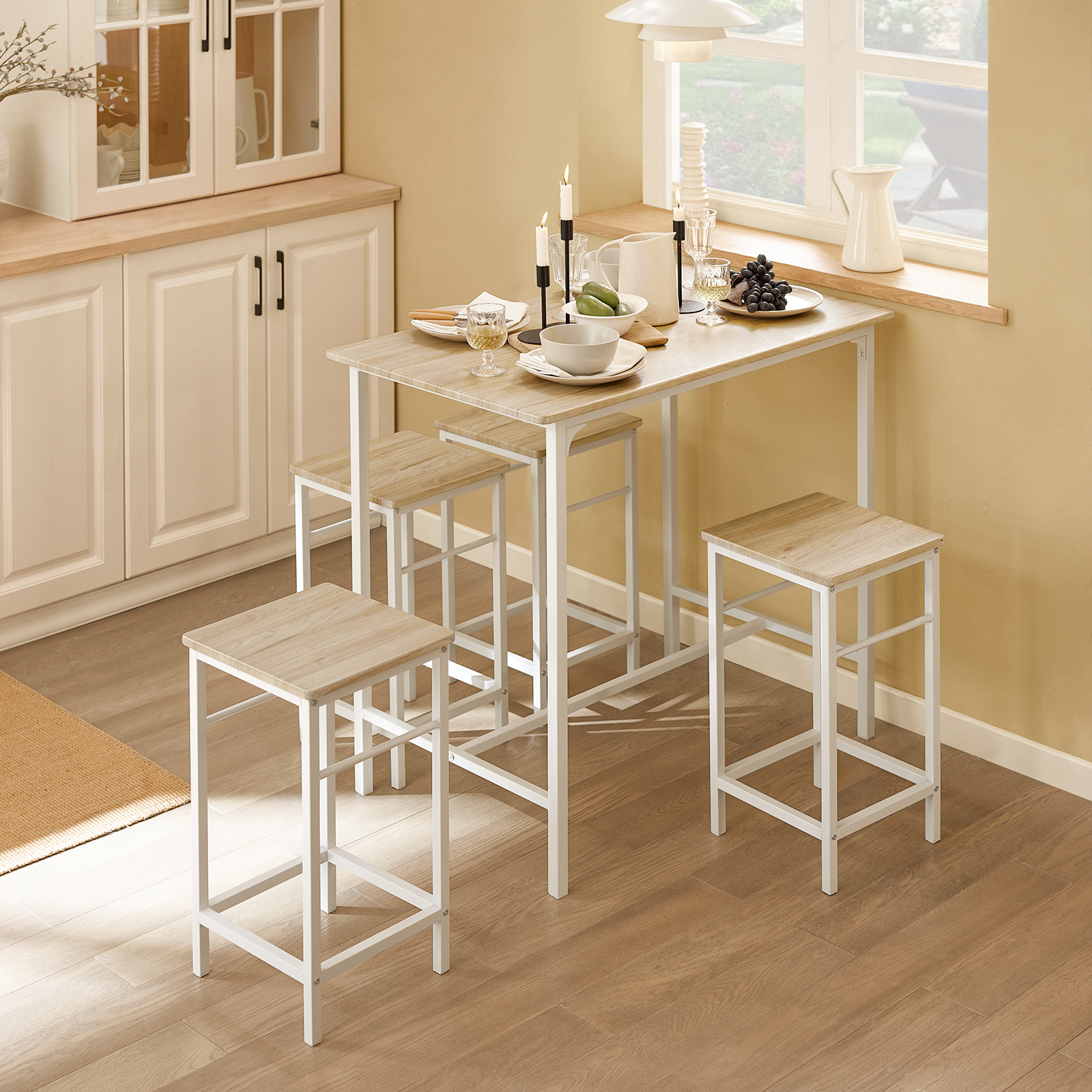 TEMU Set de 1 Mesa + 4 Taburetes, Conjunto Bistrot + 4 Taburetes con -Pies, Mesa , Comedor de Pie para Sala de Comedor, Cocina, Salón, , +Natural -