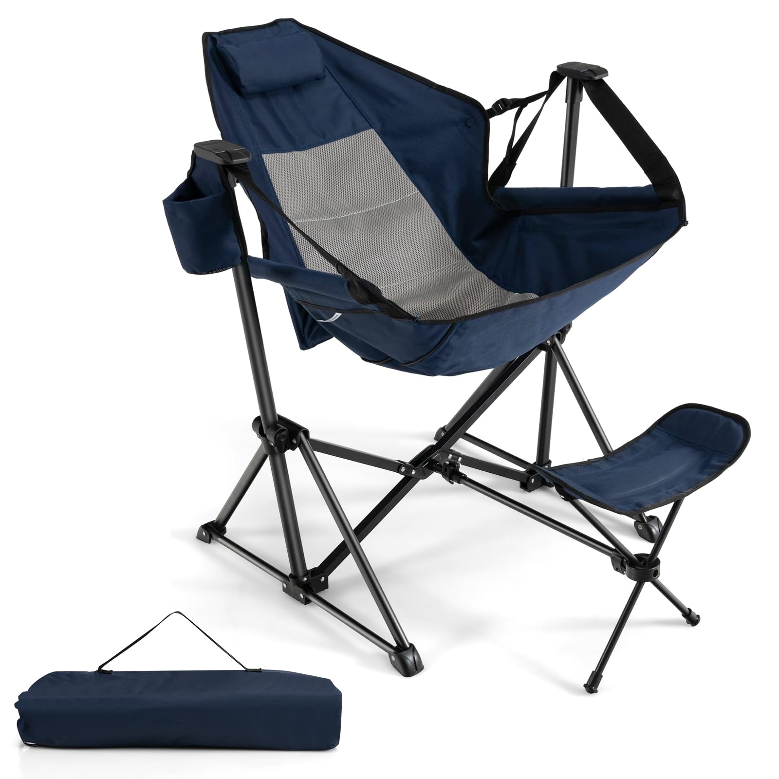 Image of Camping Chair With Footrest, Adjustable Backrest, Headrest & Cup Holder, Foldable Fishing Chair, Folding Chair, Collapsible Chair, Load Capacity 150 Kg, Including Carrying Bag (navy)