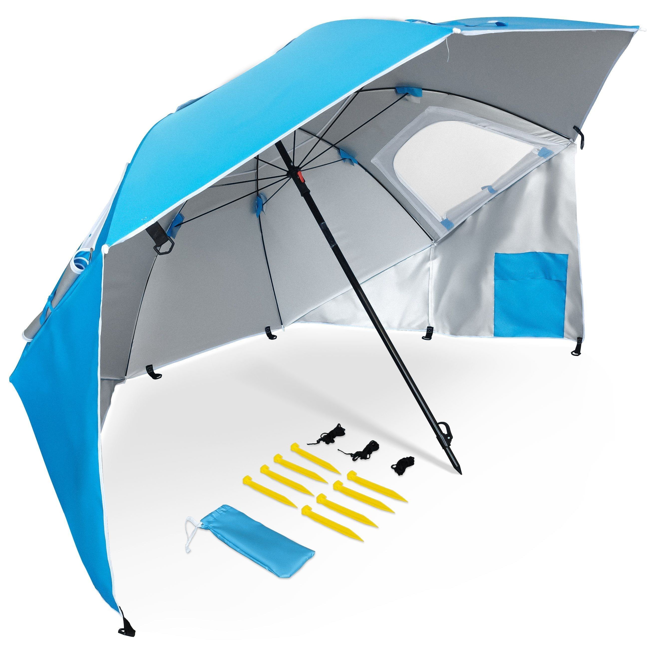 TEMU Sombrilla Playa Grande 220cm tipo tienda con UV50+ antiviento transpirable 3 posiciones montaje con y ventanas piquetas tensores anclaje