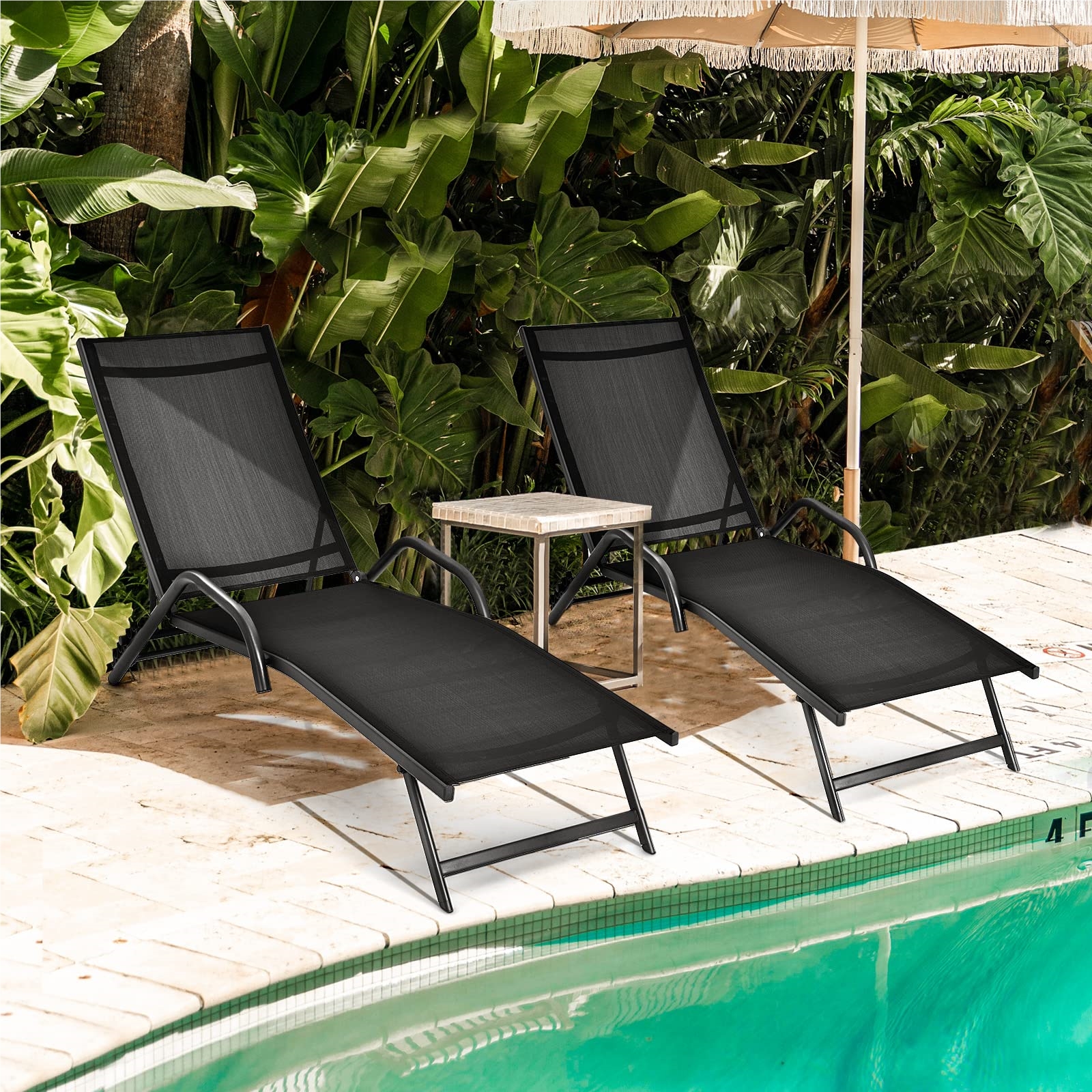 Image of 2pcs Sun Lounger Set, Garden Lounger Loadable Up To 160 Kg, 5-position Adjustable Backrest, 184.5 X 62 X 71 Cm, Outdoor Lounge Chair For Terrace, Garden, Balcony