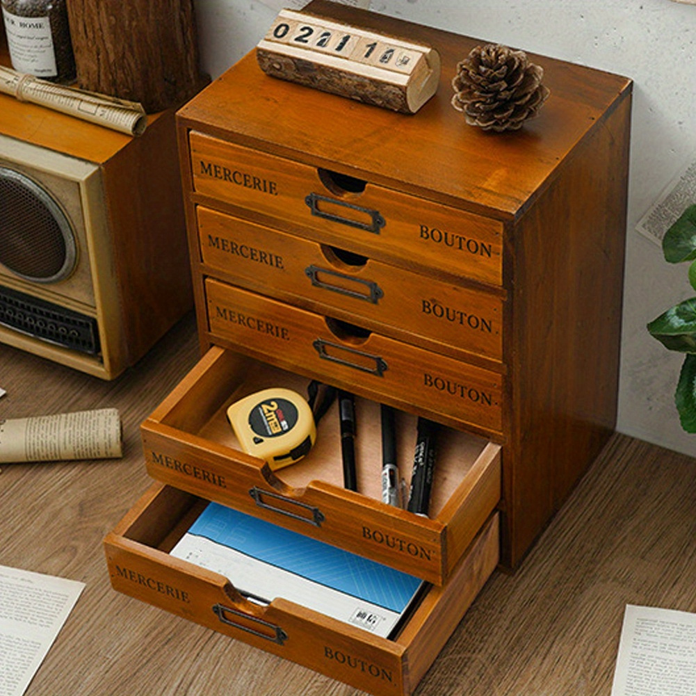 TEMU 5-tier Vintage Wooden Drawer Storage Cabinet Stackable Organizer For Jewelry Office Supplies Home Dorm Decor