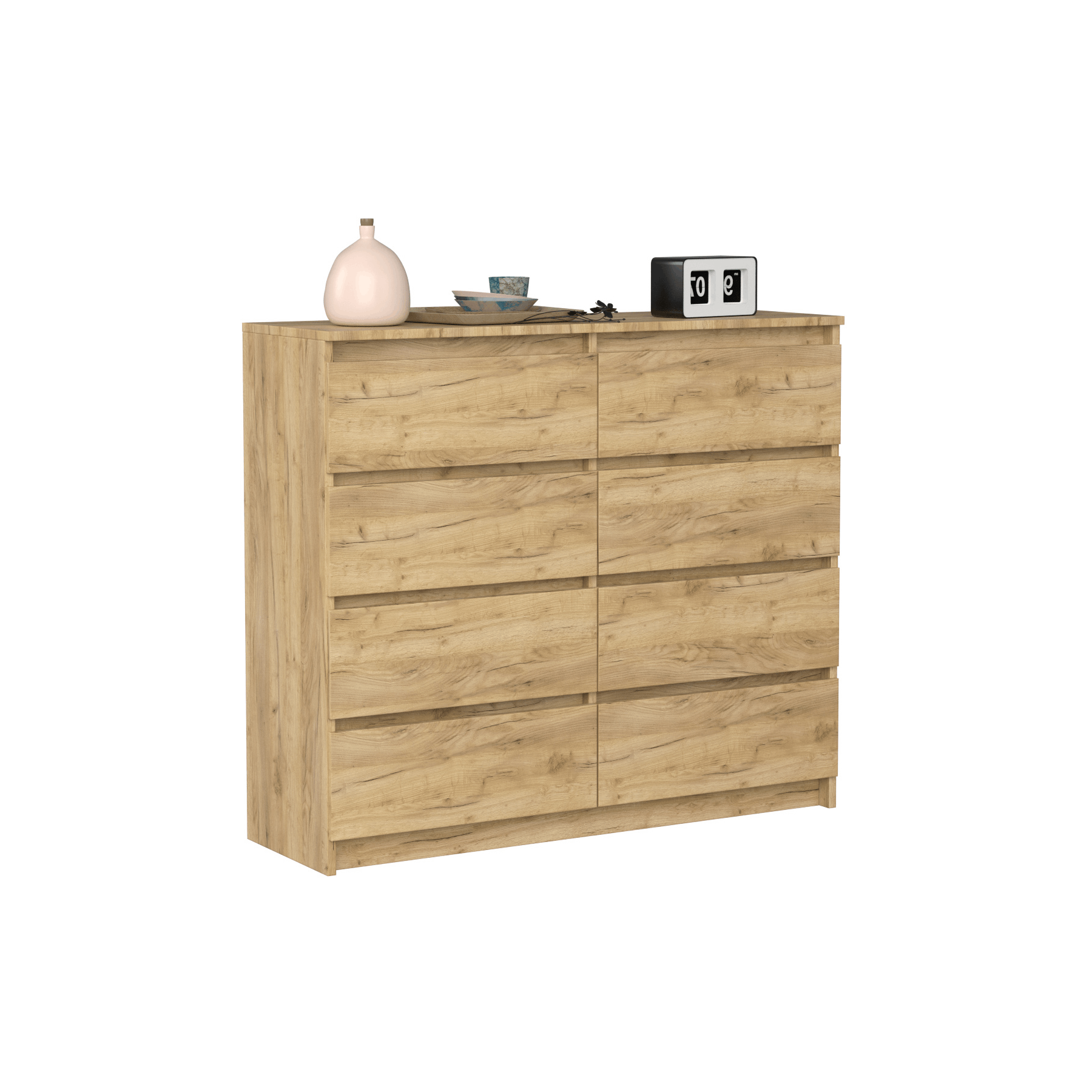 Image of Vbchome 120x39x105 Cm Oak Dresser With 8 Drawers – Handle-free Wooden Cabinet For Hallway, Bedroom, Living Room, Kids' Room