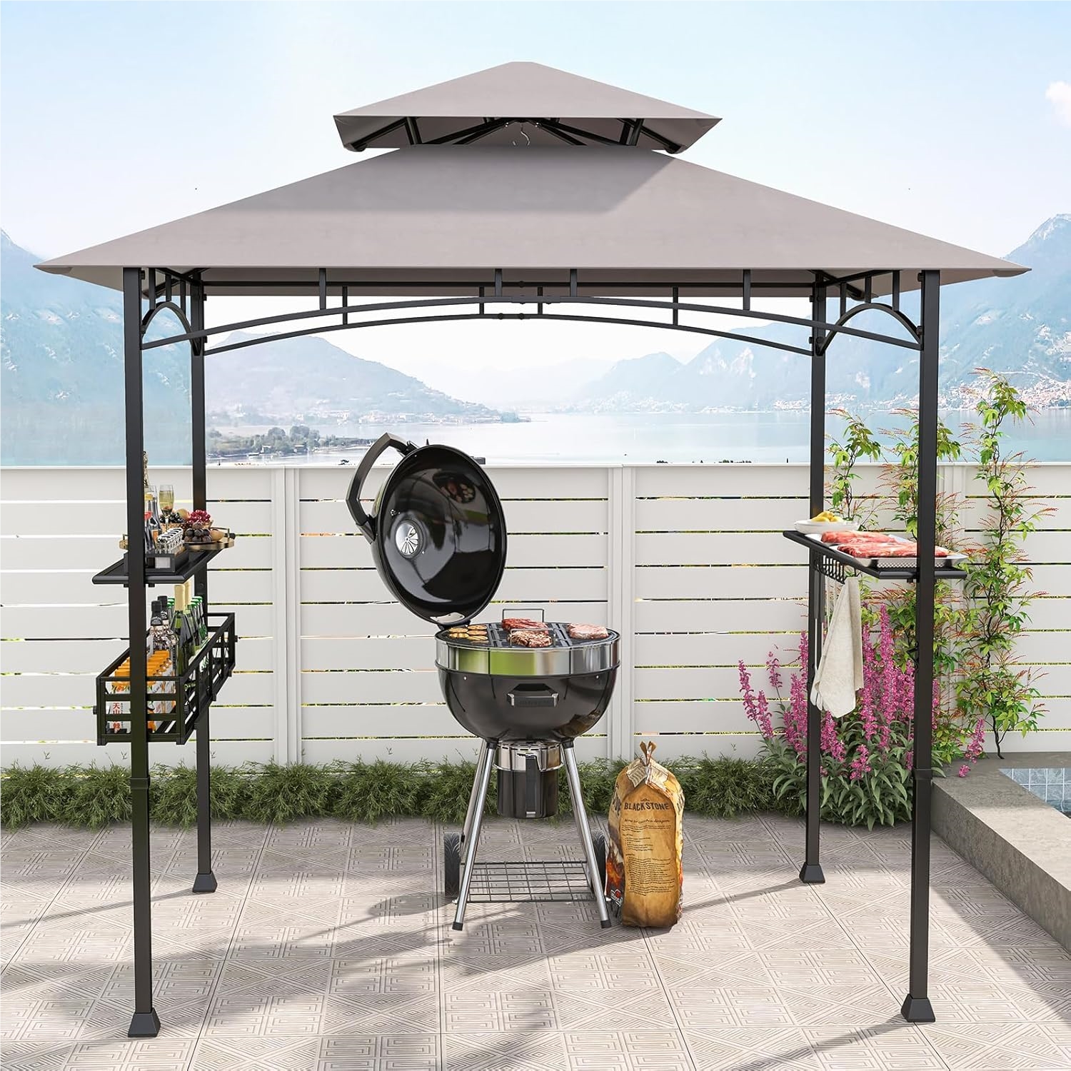 Image of Double-roof Grill With Side Shelves, Metal Basket, Hooks And Bottle Opener, Weather-resistant Grill Canopies, Grill Gazebo For Garden, Outdoor, 242 X 153 X 250 Cm (grey)