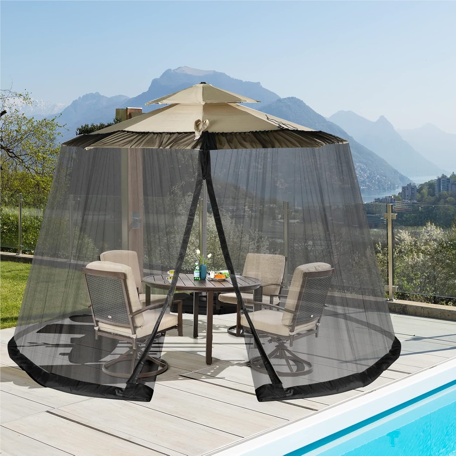 Adjustable Net For 250 - 300 Cm Parasols, Insect Protection With 2 Doors, Fillable Base, Fly Screen Net, 2.3 M Height, Black