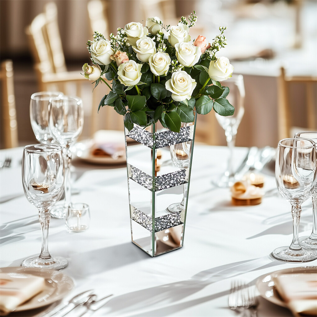 Image of Sparkling Vase Sparkling Silvery 30cm Crushed Diamond Mirror Vase | Ideal For Floral Arrangements, Weddings, Holidays, And Special Occasions With Water-holding Capacity