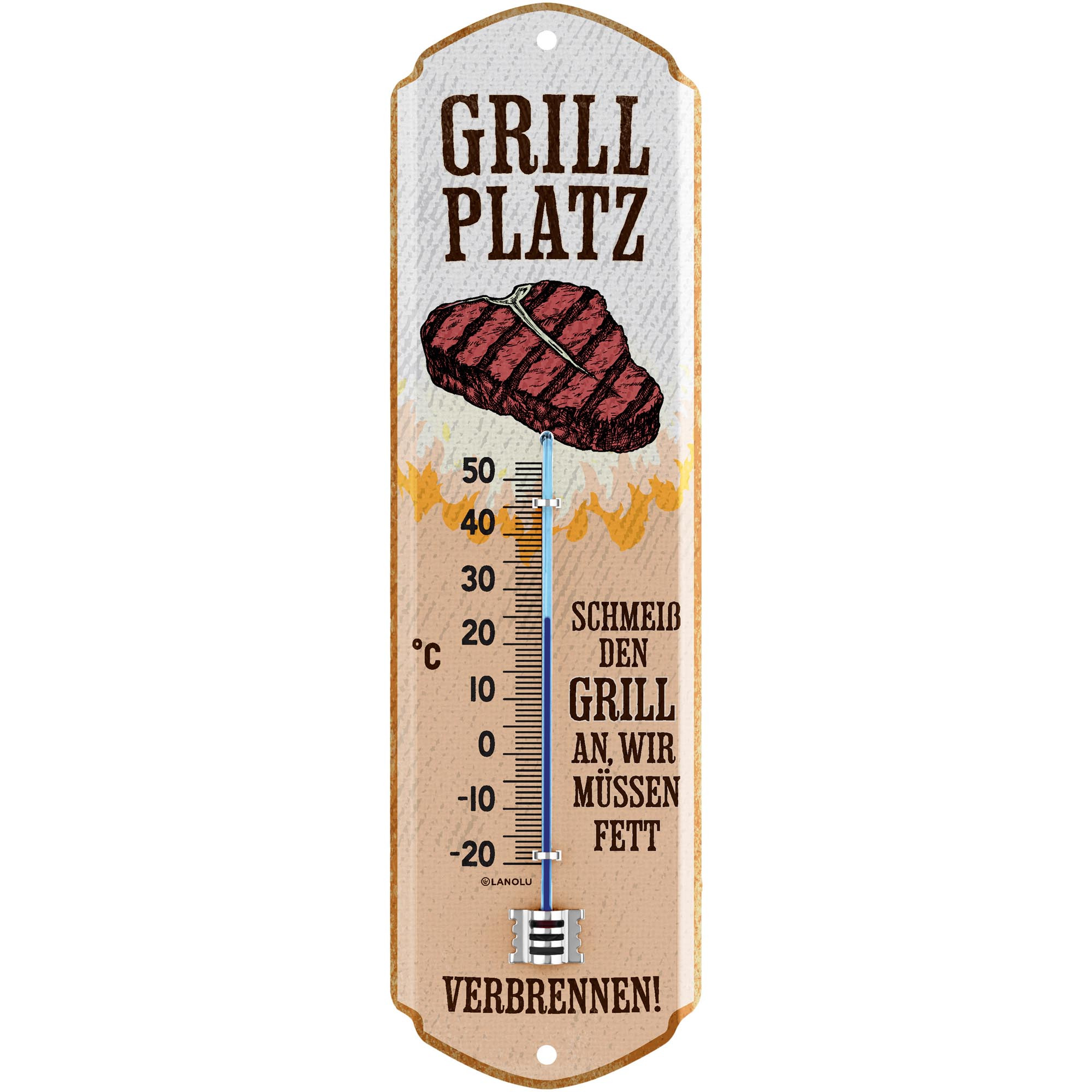 Image of Retro Metal Grill Sign – Bright Grill Area – Grill Metal Sign, Retro Metal Thermometer Sign For Garden, 8x28 Cm