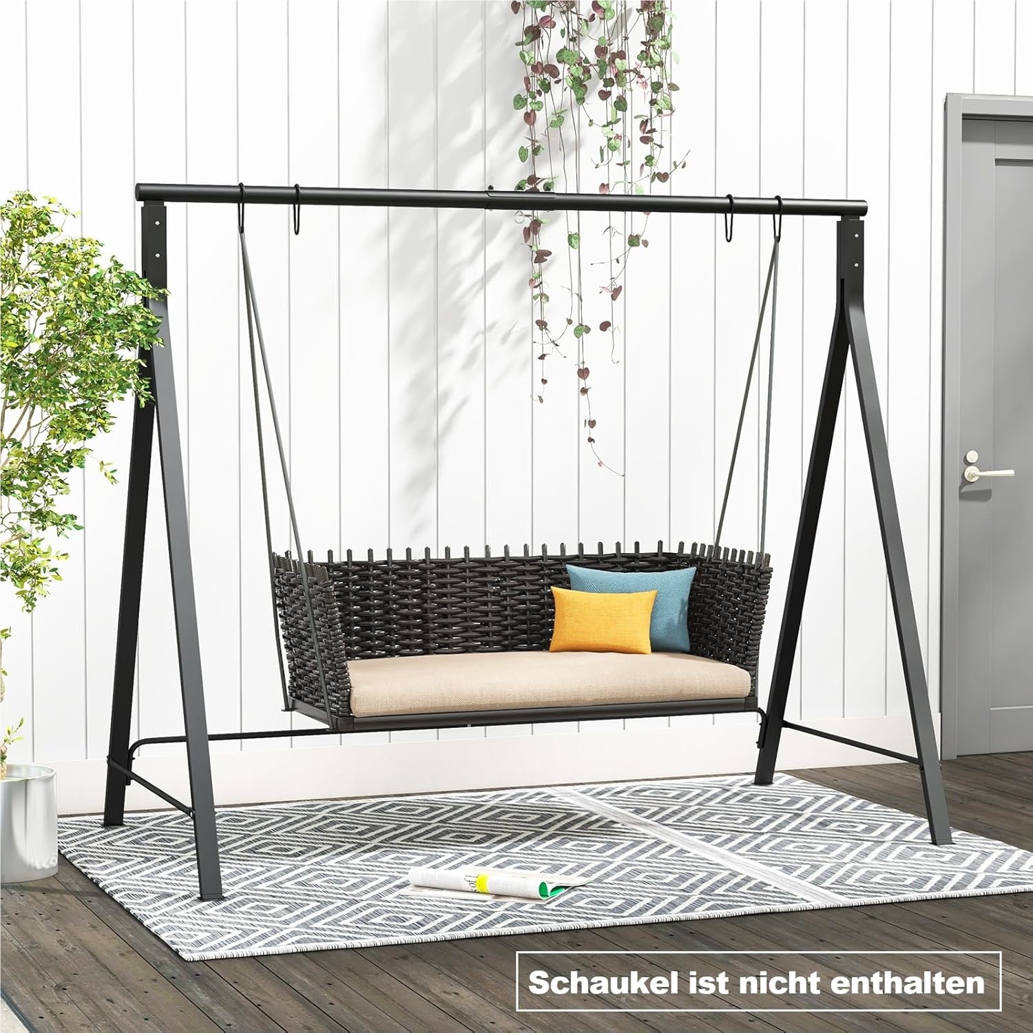 Image of Swing Frame With 5 Suspension Rings, Frame For Hanging Bench / Swing Bench / Nest Swing / Hanging Chair, Metal Swing Frame, For Garden, Veranda, Black