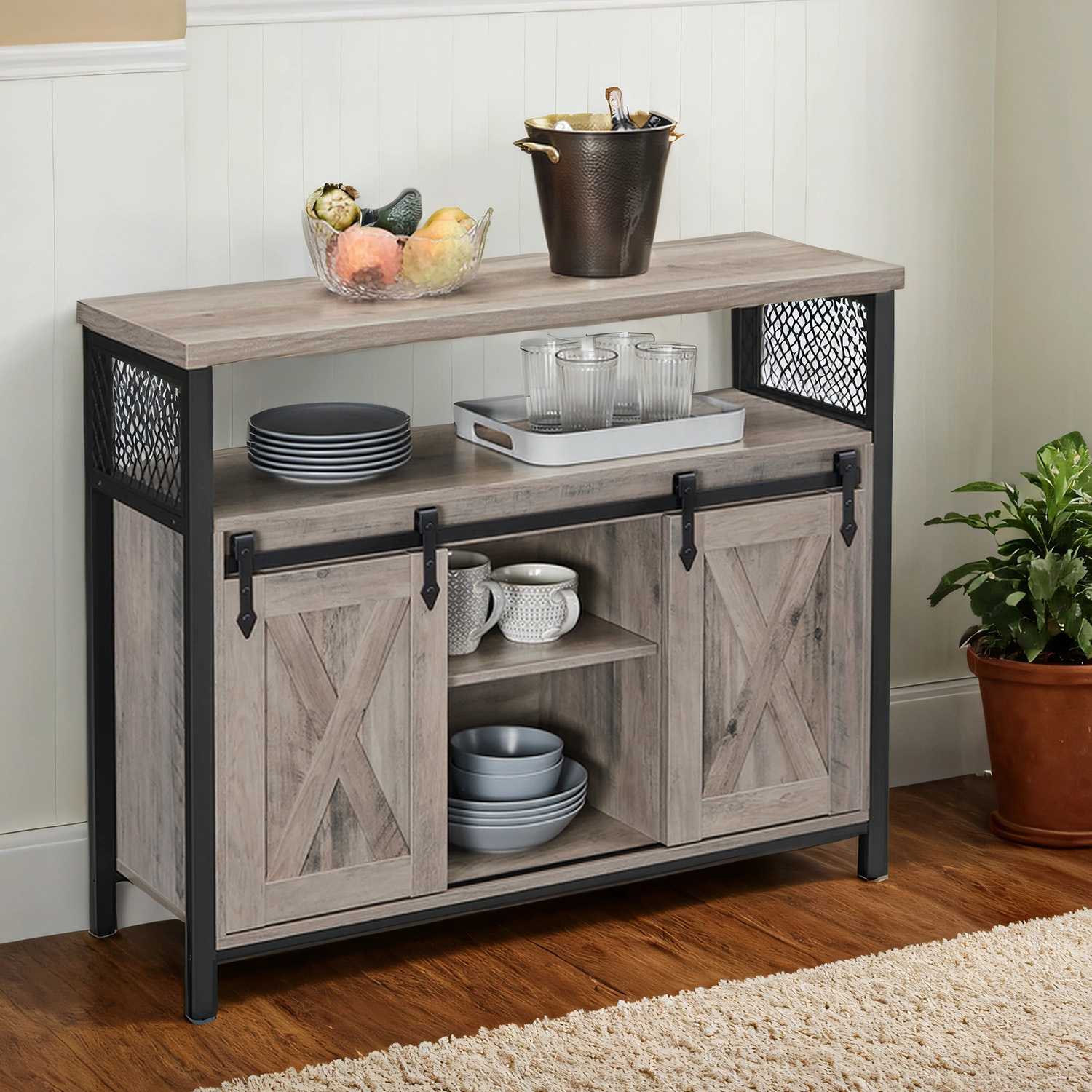 E-shop Sideboard, Küchenschrank, Aufbewahrungsschrank, mit 2 Schiebetüren, 33 x 100 x 80 cm, verstellbare Ablagen, für Wohnzimmer