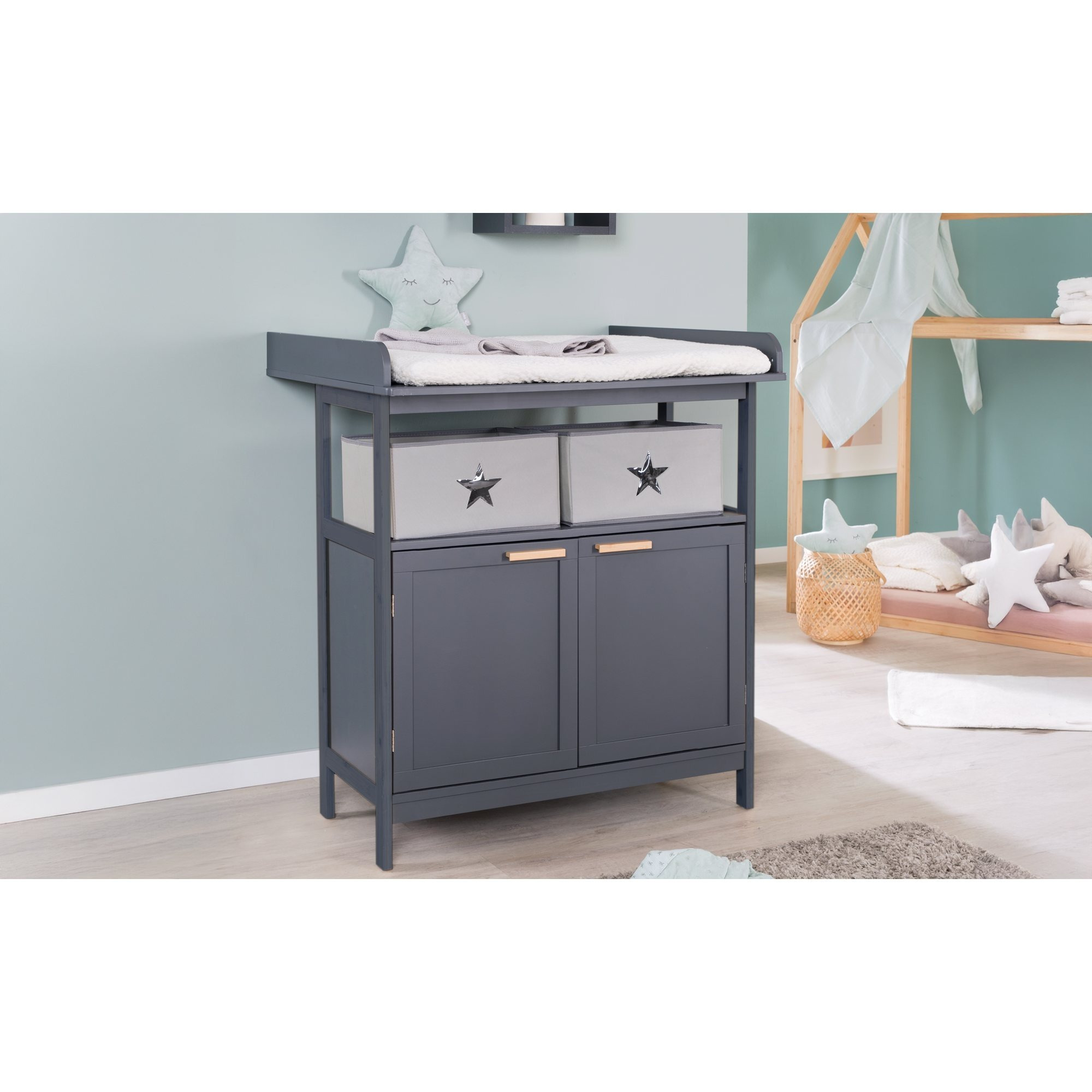 Roba Changing Table . Removable Changing Top - Changing Table With Doors & Fabric Boxes - Handles Made Of Bamboo Wood -