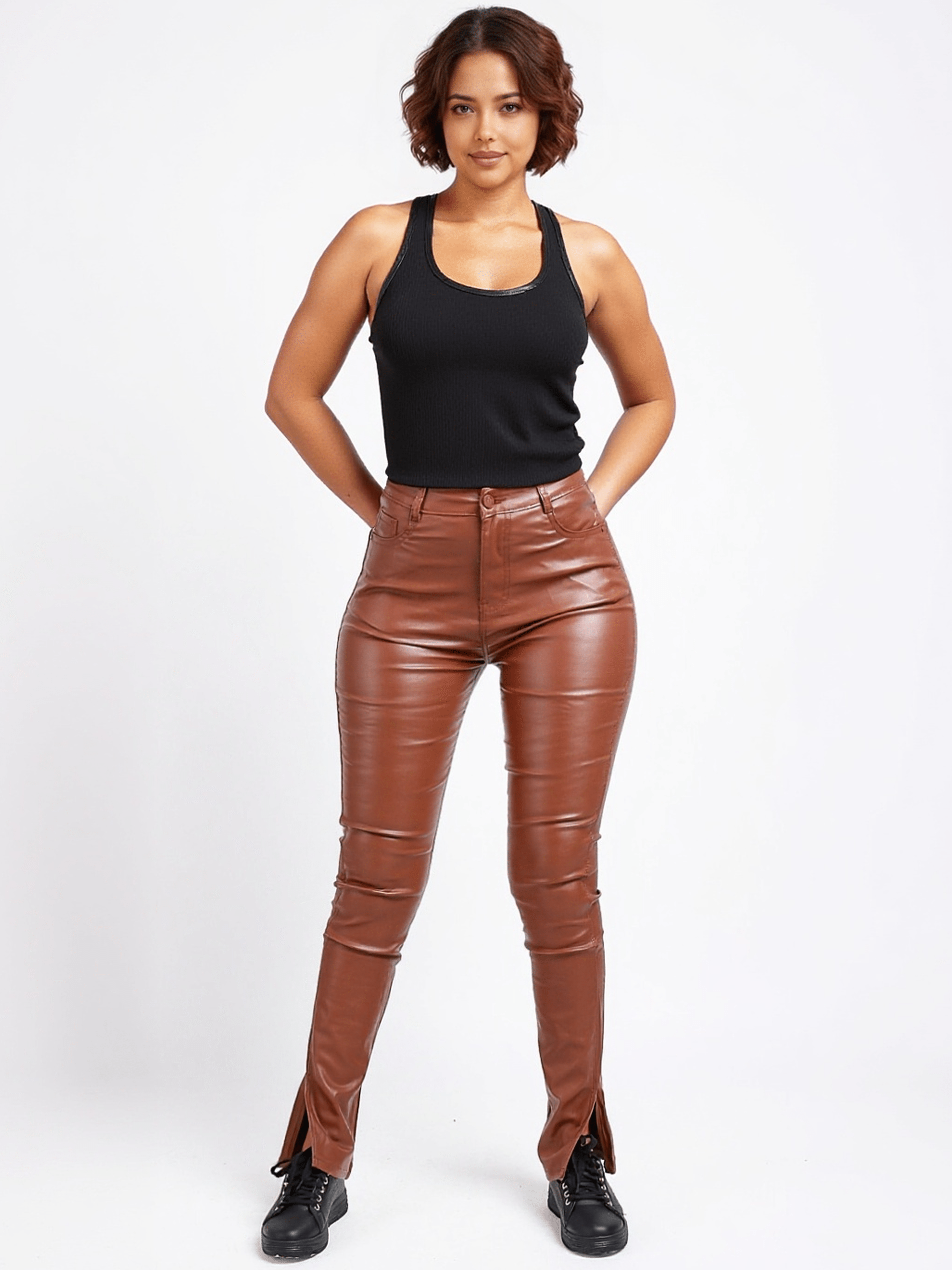 Pantalon Simili Cuir Fente Pantalon Femme En Simili Cuir Marron