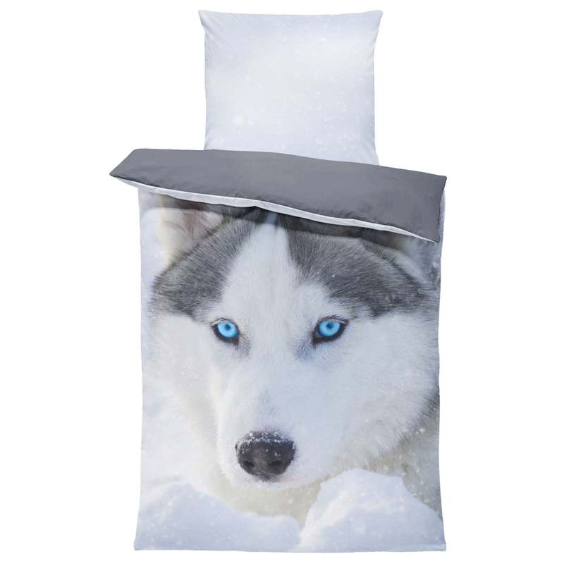 Image of Bed Linen 135x200 Cm Husky Snow Dogs Grey White Reversible 2pcs Set Microfiber Pillowcase 80x80 Cm With Zipper