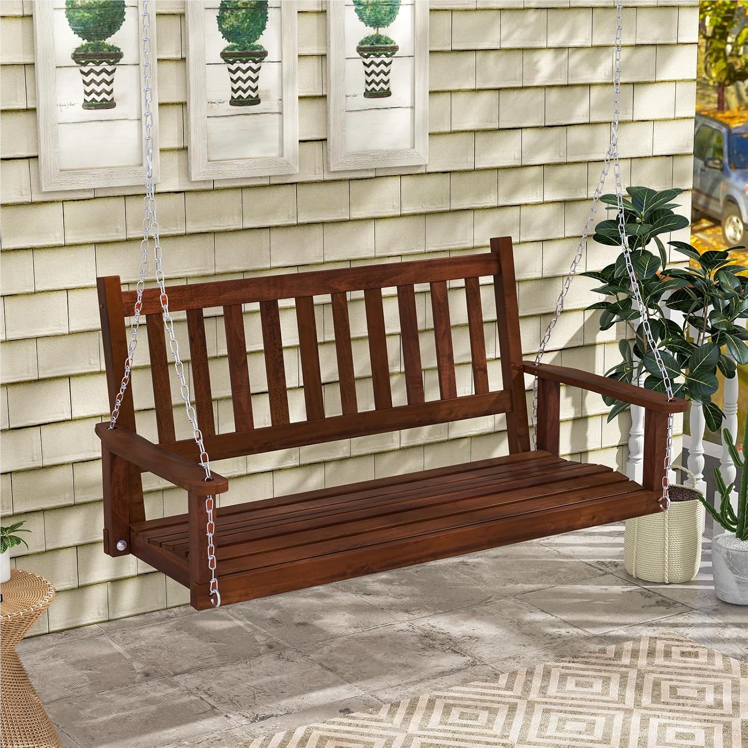 Image of Solid Wood Hanging Bench, 3-seater Garden Swing For Hanging, To 360 Kg Capacity, Outdoor Swing Bench For Terrace, Garden, Yard, Brown, 168 Cm