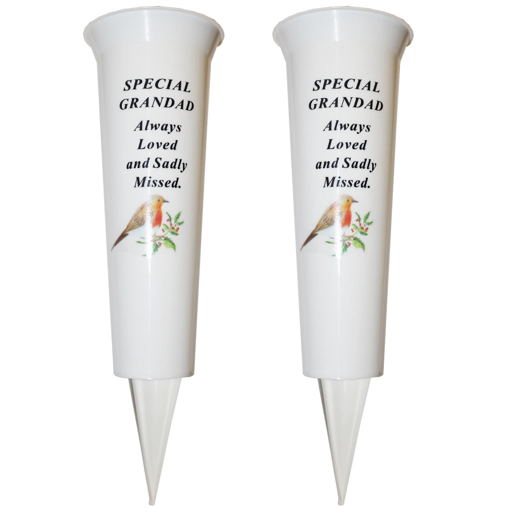 TEMU Set Of 2 Memorial Grave Flower Pot - 33cm Tall Sturdy White Memorial Graveside Flower Vase With Spike And Robin Image - Special Grandad