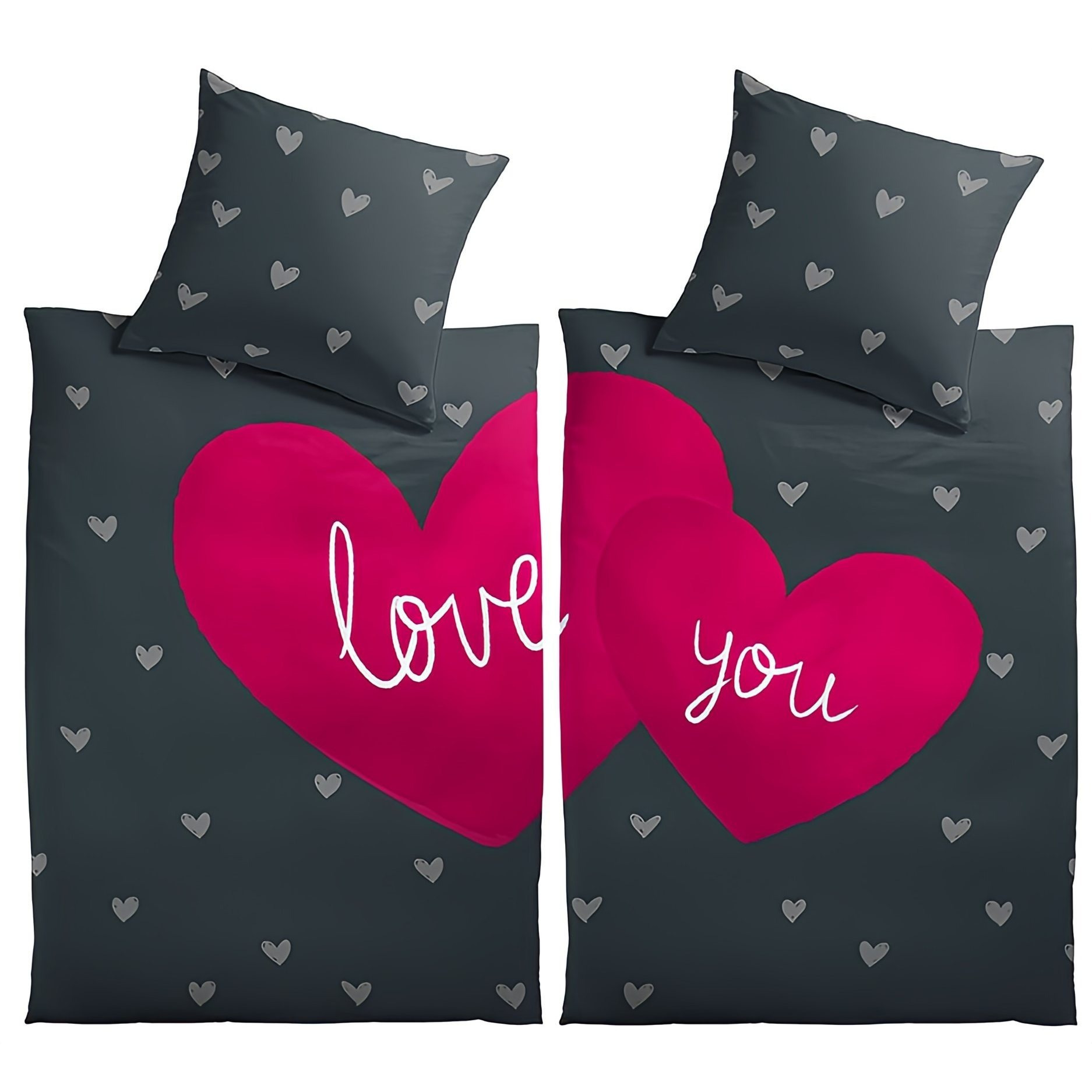 Image of Romantic Heart Bedding Set Black Pink Love You Lettering Modern Pillowcase 80x80 Cm With Zipper