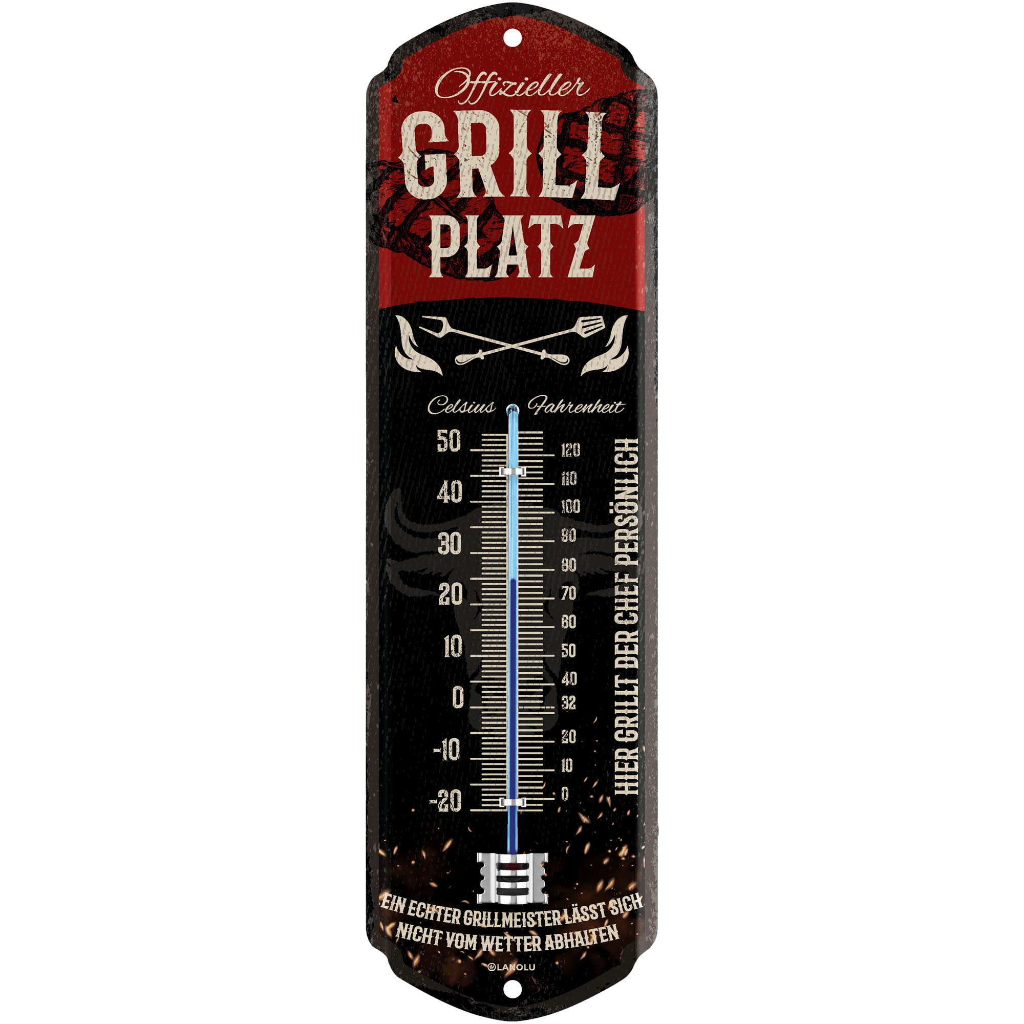 E-shop GRILLPLATZ THERMOMETER - GRILL Schild Garten außen - Deko Garten Vintage Schilder - Blechschild Grill Geschenke Schild aus Metall mit Wölbung