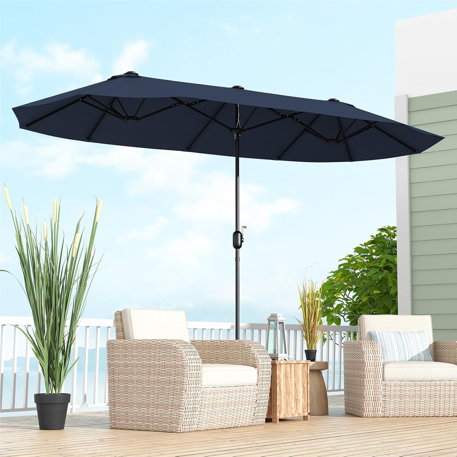 Image of Umbrella With Stand 400 X 200 Cm, Large Xxl Sun Umbrella, Upf 50+, Garden Umbrella With Crank, Terrace Umbrella, Market Umbrella For Garden, Terrace & Pool (navy Blue)