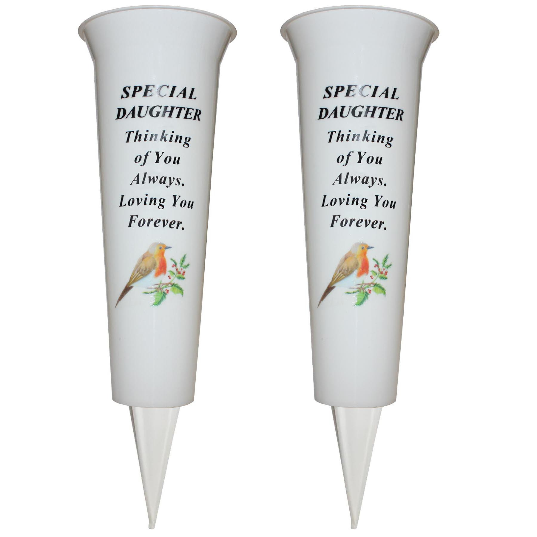 TEMU Set Of 2 Memorial Grave Flower Pot - 33cm Tall Sturdy White Memorial Graveside Flower Vase With Spike And Robin Image - Special Daughter