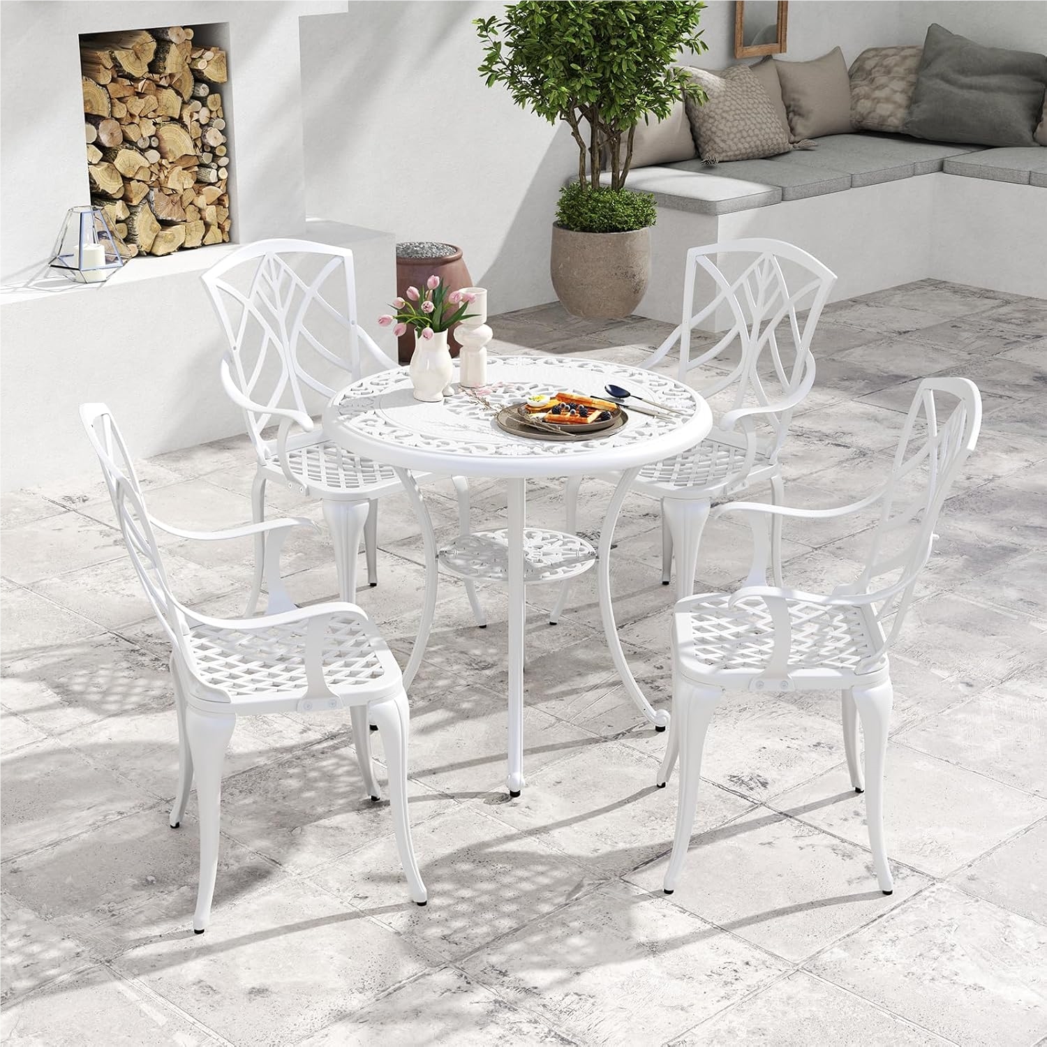 Image of 5 - Tlg. Aluminum Cast Garden Furniture Set, Weather-resistant Patio Furniture . 4 Chairs, With Umbrella Hole, Garden Set For , Seating Set, Seating Group For Garden, Terrace, White