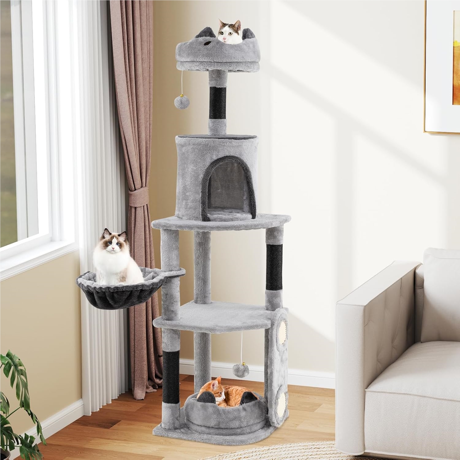 Image of Large Cat Tree With Hammock, Cave, Platforms, Cat Bed, Sisal Posts & Scratching Board, Cat Scratcher, Cat House, Cat Furniture, Gray, 41 X 40 X 144 Cm